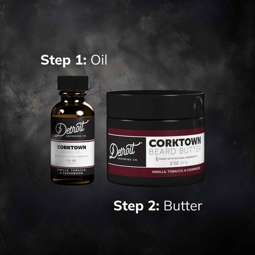 Detroit Grooming Co. Beard Oil & Beard Butter Bundle – Corktown (Vanilla, Tobacco & Cedarwood Scent) – Beard Hydration Set with Vitamin E & Sunflower Oil