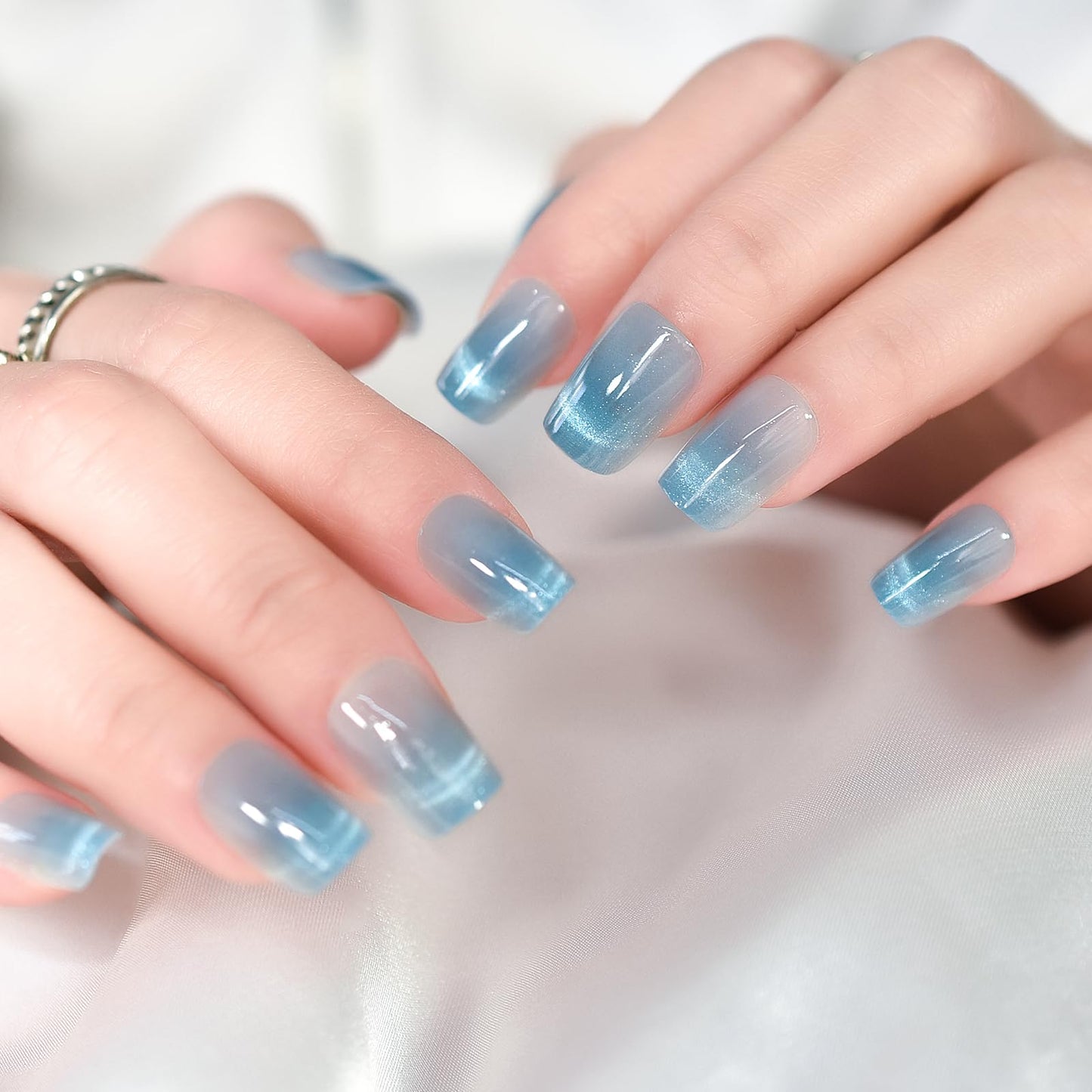 Elevenail Light Blue Press On Nails Squoval Coffin Medium Lenght Nails Women Girls Gifts Salon Manicure Cat Eye Gel Nail Art Tips Fake Nails Reusable Acrylic False Nails Glue On Nails