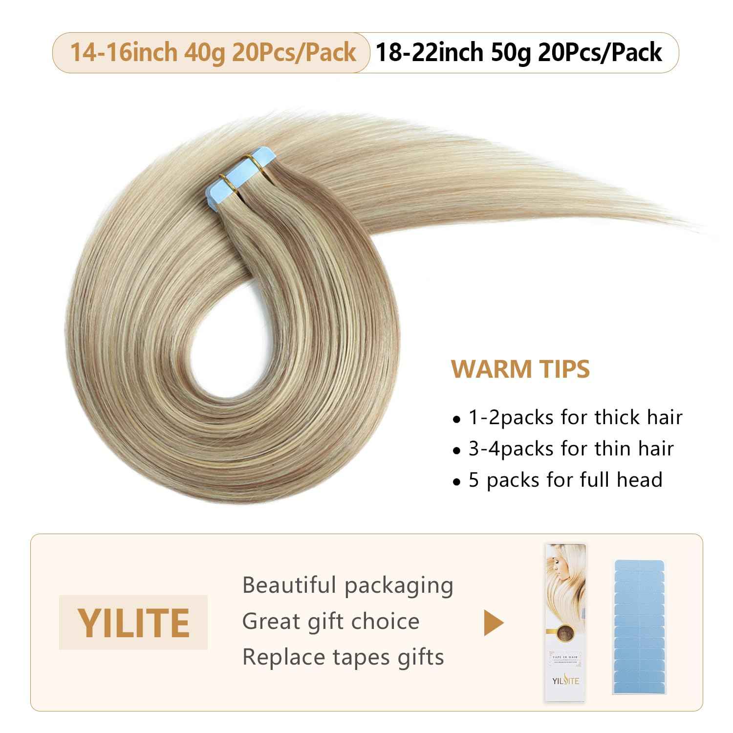 YILITE Tape in Remy Hair Extension Color 18 Ash Blonde Highlighted 613 Bleach Blonde Hair Extensions, #P18/613 Ash Blonde Highlighted Bleach Blonde(12inch P18/613)