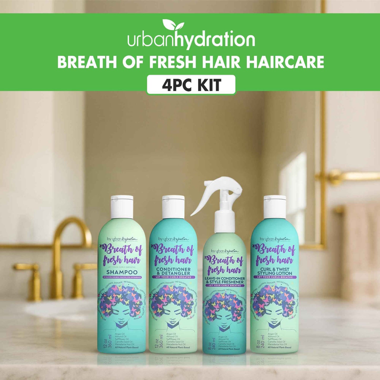 Urban Hydration Breath of Fresh 4 Piece Kit | Prevents Breakage, Tames Frizz, Softens Curly/Coily Hair