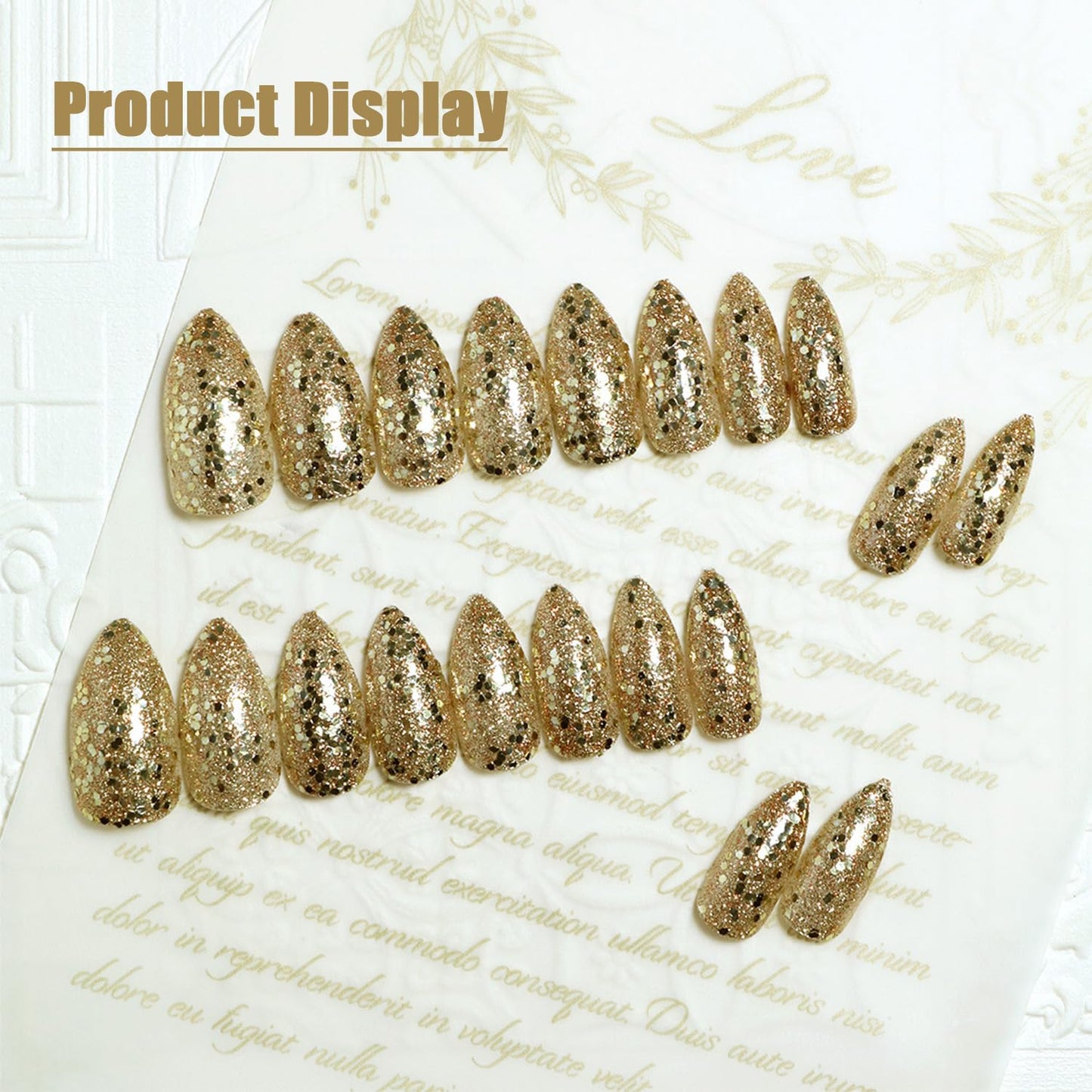 UV Press on Nails Medium Almond Shape, Fake Nails with Sparkly Designs, Glossy Gold Glitter False Nails Gel Nails Full Cover Acrylic Nails with Glue Stick on Artificial Fingernails for Women Girls