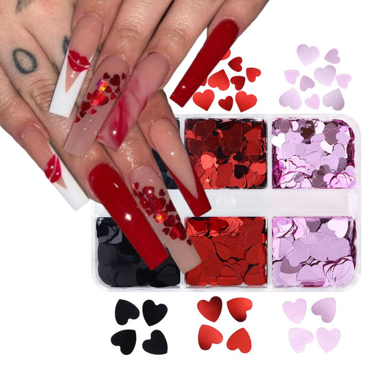 Valentine Heart Nail Glitters Sequins 6 Colors Heart Nail Art Confetti 3D Holographic Shiny Nail Flakes Laser Heart Glitter for Nails Mixed Color Love Design Nail Decorations Accessories for Women