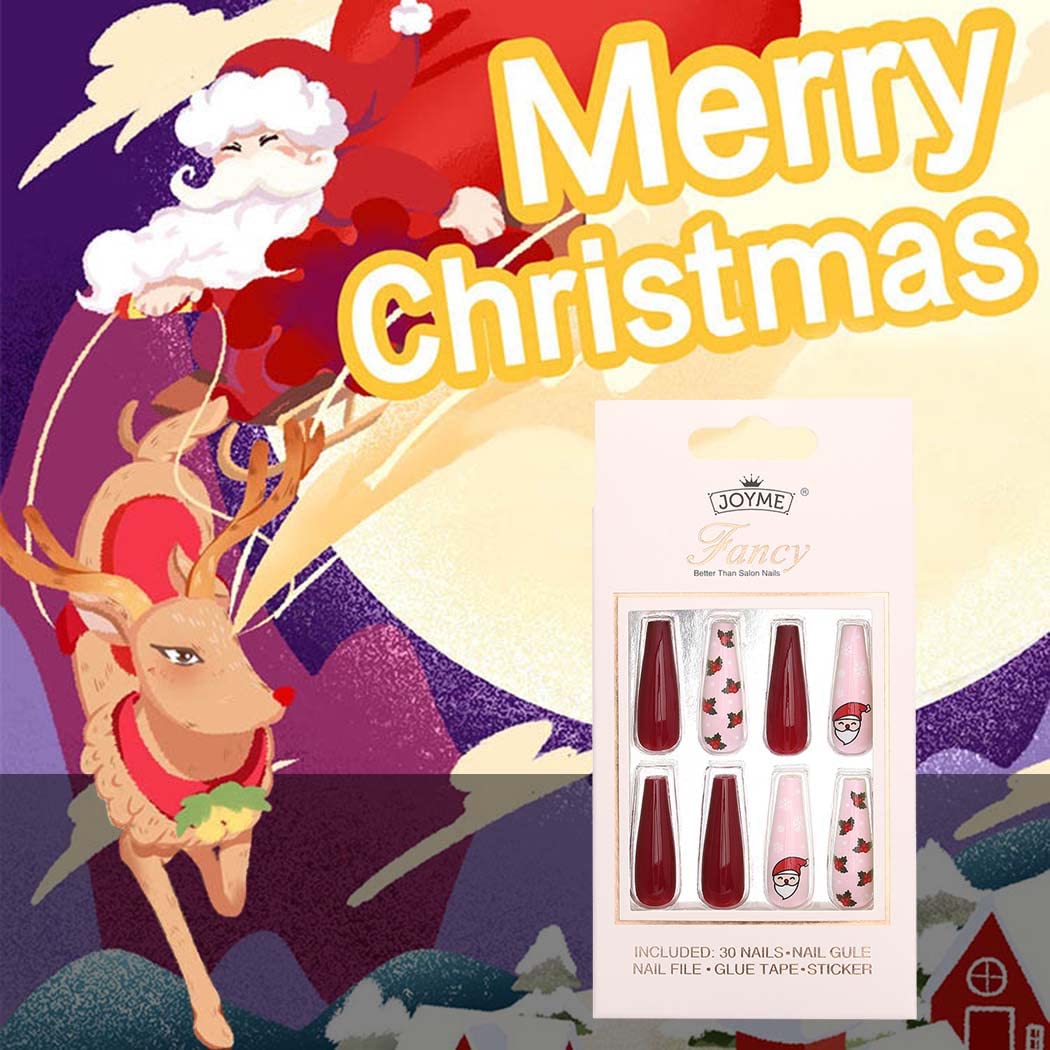 Uranian Coffin Extra Long Press on Nails Snowflake Red Christmas Fake Nails Elk Ballerina Glossy Full Cover False Nails Santa Claus Acrylic Nails Tips for Women and Girls 30 PCS (Pattern-E)