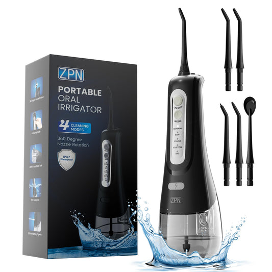 ZPN Water Dental Flosser Cordless for Teeth Cleaning，with 4 Modes Oral Irrigator, 5 Replaceable Jet Tips, Portable and Rechargeable IPX7 Waterproof Teeth Cleaner for Home and Travel (Black)