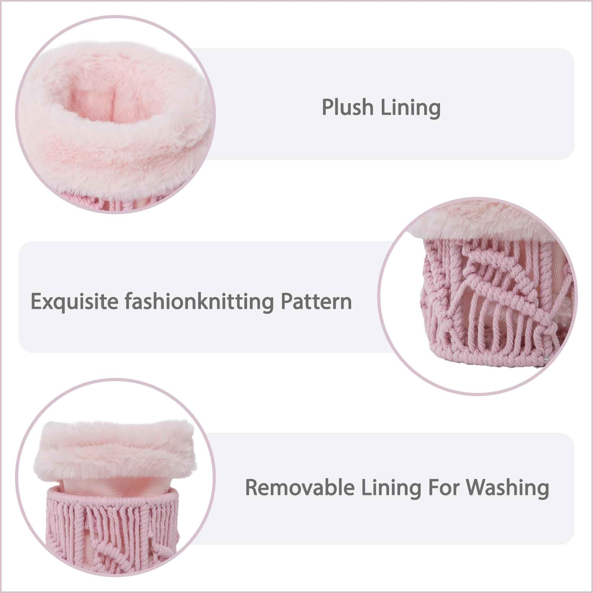 QIANWEIWOVEN Handmade Cotton rope makeup bucket organizer with removable plush lining,Cosmetic organizer (Pink)