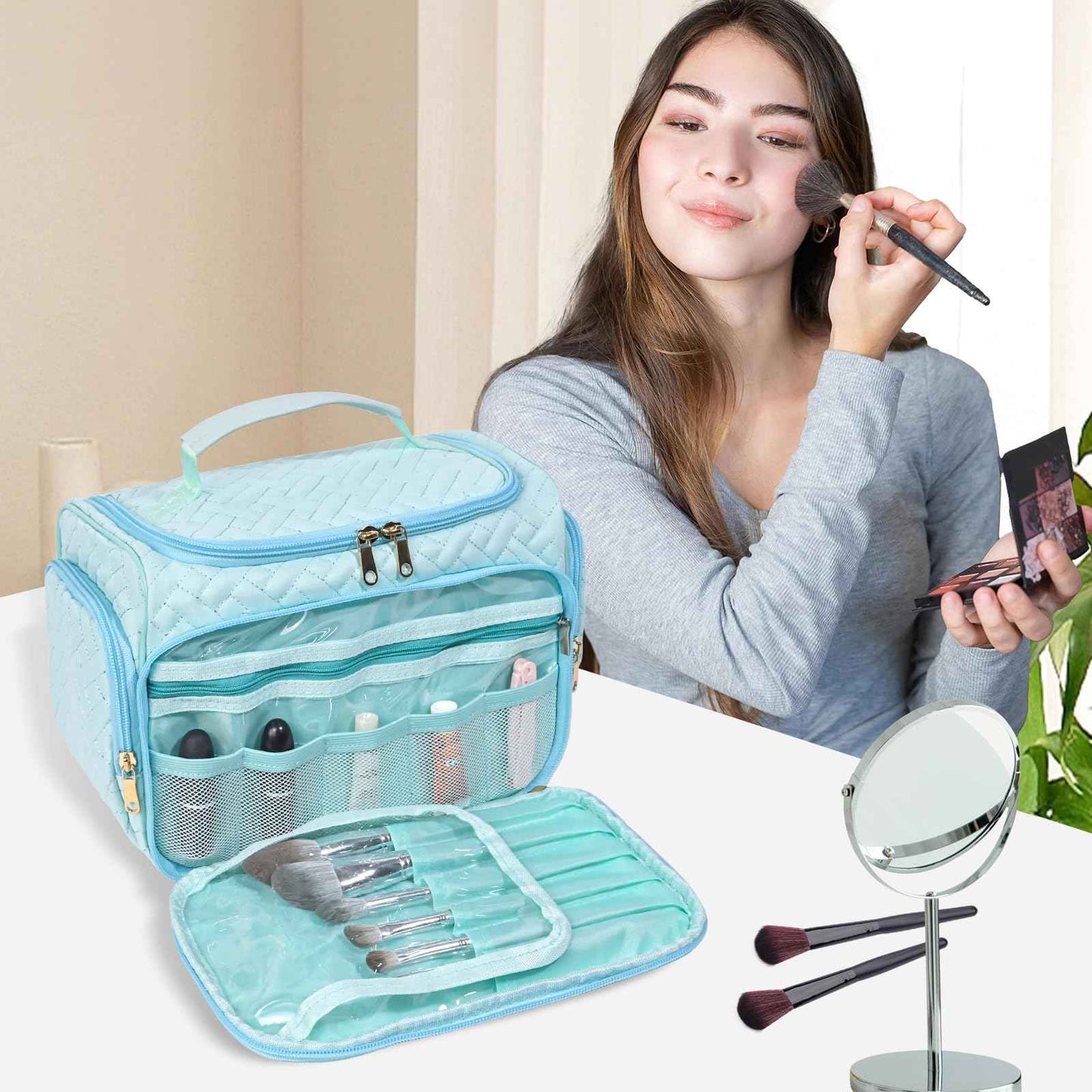 HDKJDPG Large Makeup Bag Organizer with Brush Storage,Travel Makeup Bag with Compartments for Travel Cosmetic Bags for Women (Blue)