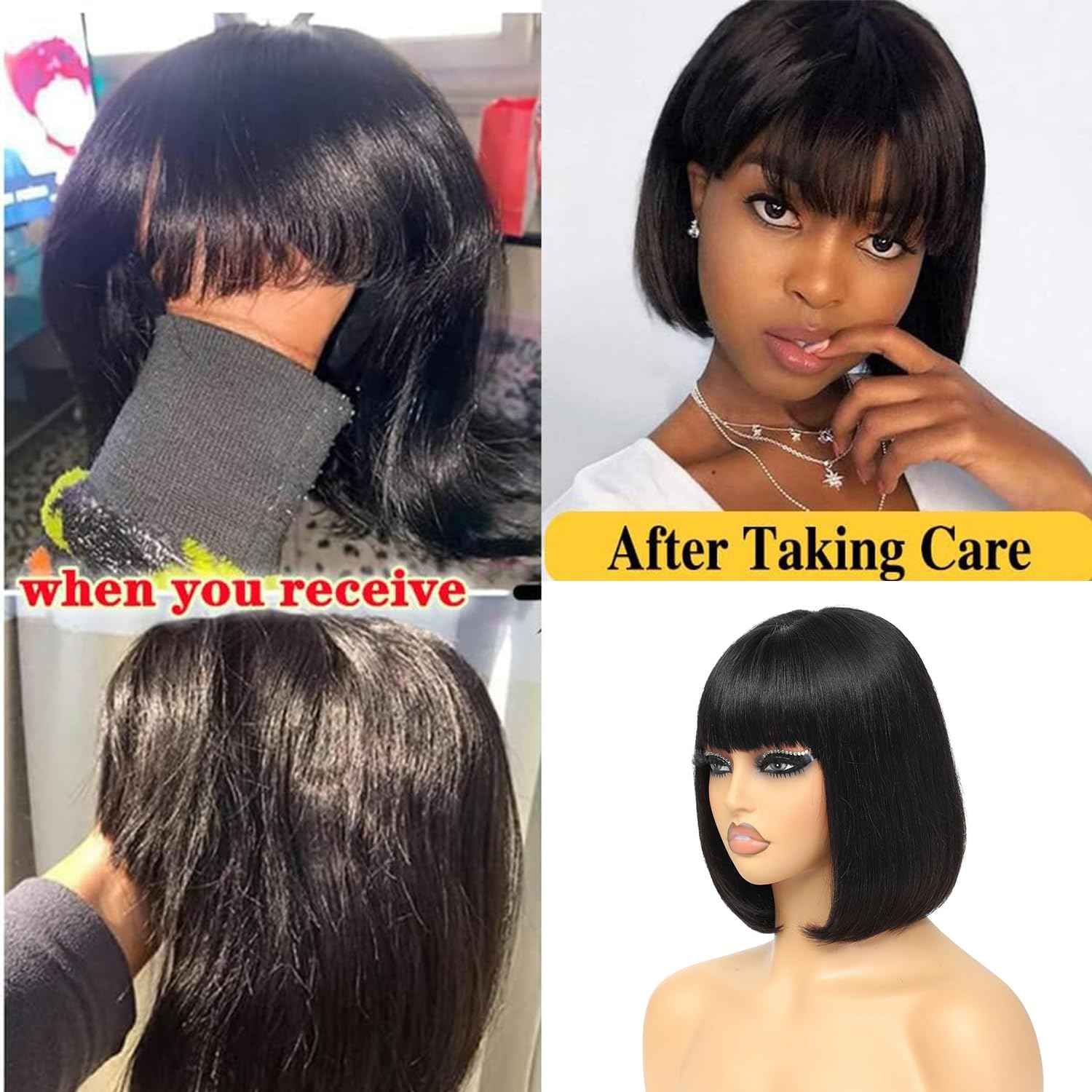 Lusina Bob Wig Human Hair with Bangs Glueless 2x4 HD Lace Colsure Wigs Human, Ready to Go Short Wigs For Women Beginner Friendly (Black, 12 Inch)