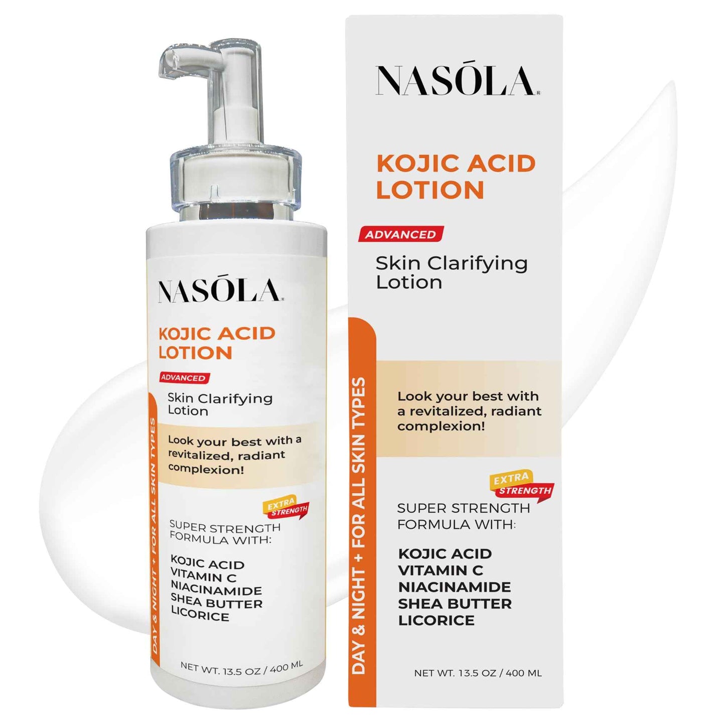 Nasola Kojic Acid Lotion Natural Skin Clarifying for Face & Body with Vitamin C, Niacinamide, Shea Butter, Licorice & Green Tea for Complexion Revitalization, Women & Men