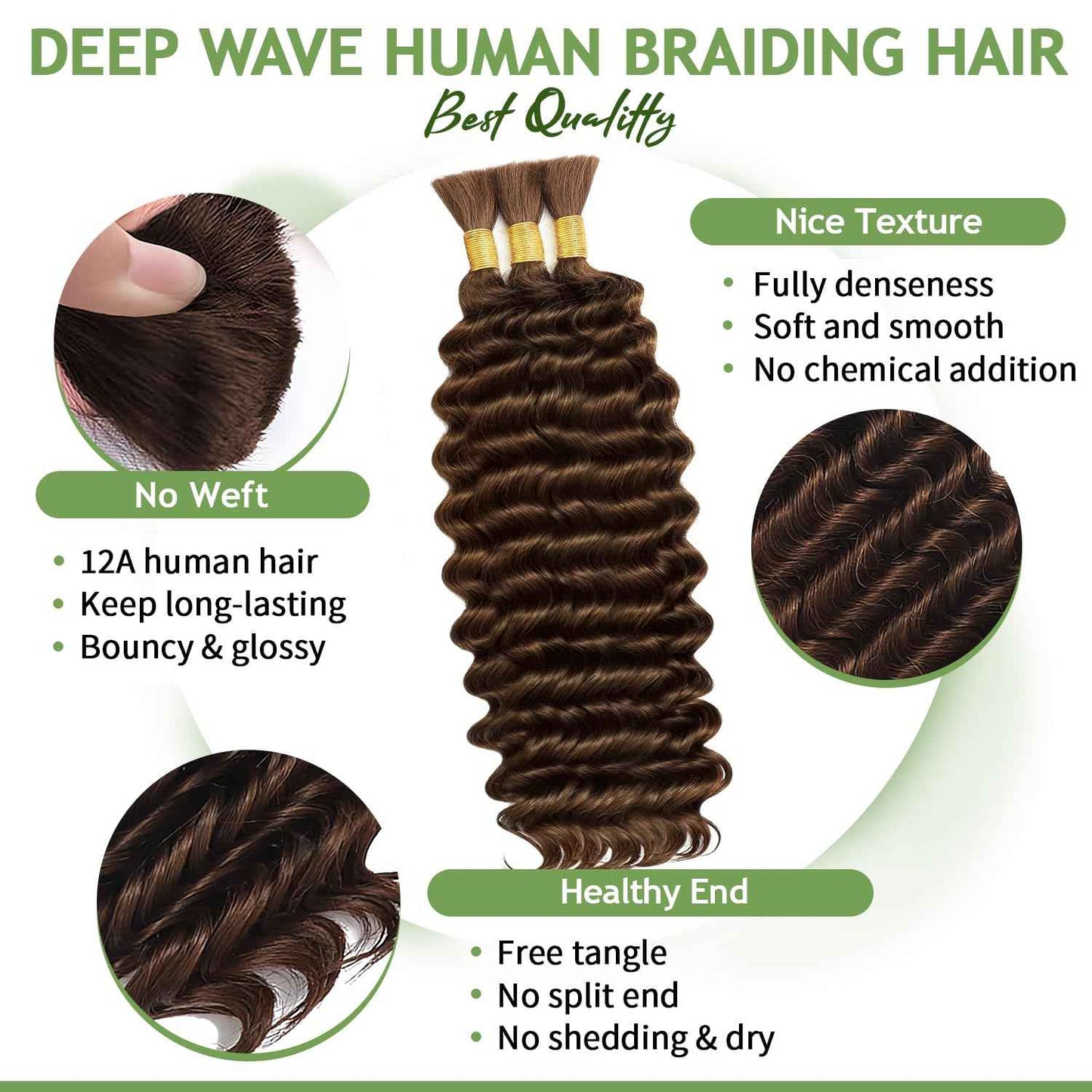 Human Braiding Hair for Boho Braids 120g 12A Deep Water Wave Bulk Human Hair Knotless Boho Braiding Curly 100% Virgin No Weft Extensions Bohemian Braids 3 Bundles/Pack Chocolate Brown 14 Inch