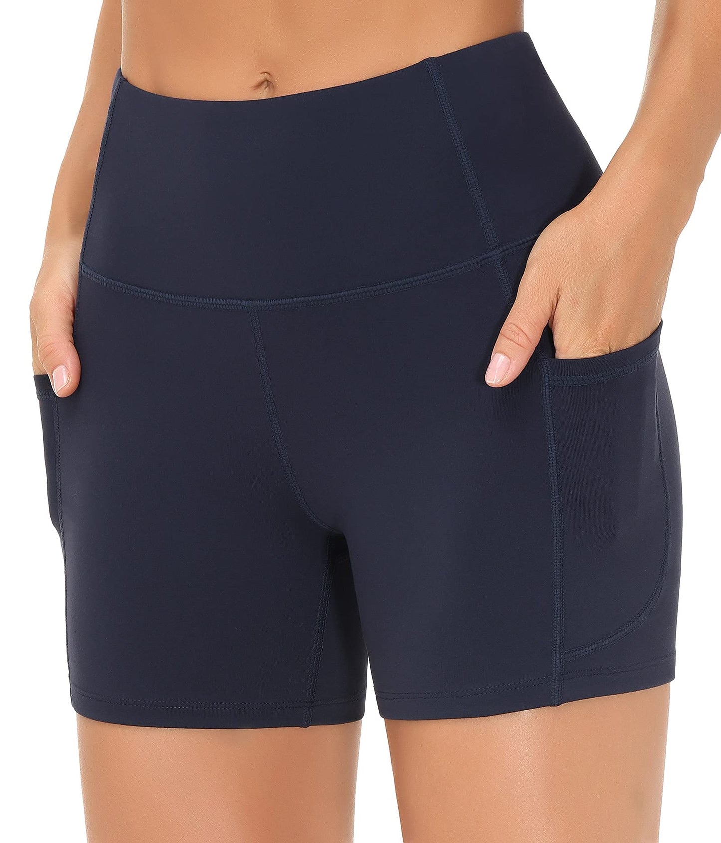 THE GYM PEOPLE High Waist Yoga Shorts for Women's Tummy Control Fitness Athletic Workout Running Shorts with Deep Pockets (Small, Navy Blue)