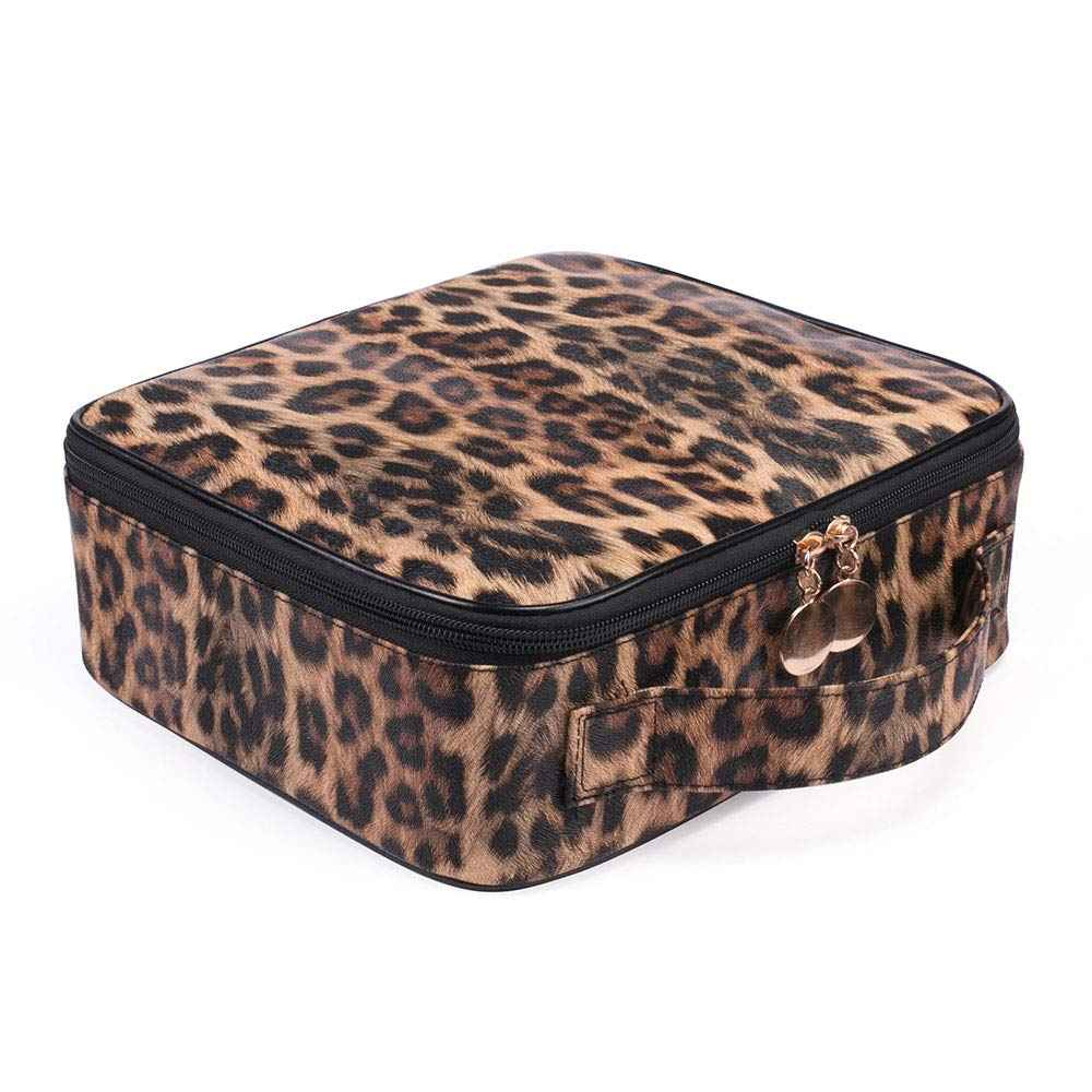 JUER Travel Makeup Train Case with Adjustable Dividers White Marble Makeup Organizer Bag Portable Cosmetic Storage Cases with Brush Holders (Leopard texture)