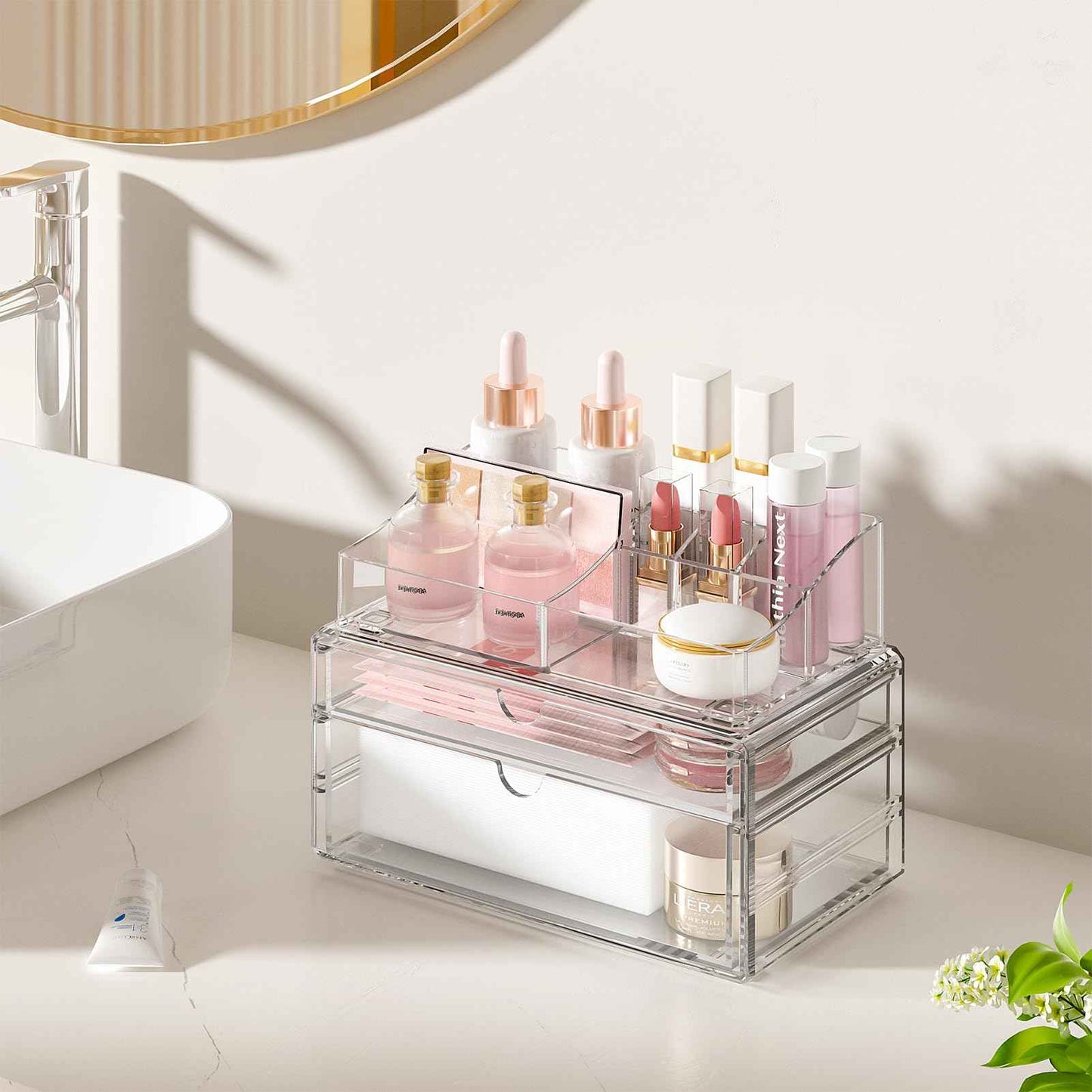 Delamu 3-Tier Clear Makeup Organizer with Drawer, Acrylic Cosmetic Display Case for Makeup Vanity Bathroom Counter Organizers and Storage, Stackable Vanity Organizer for Brushes Lipsticks Skincare