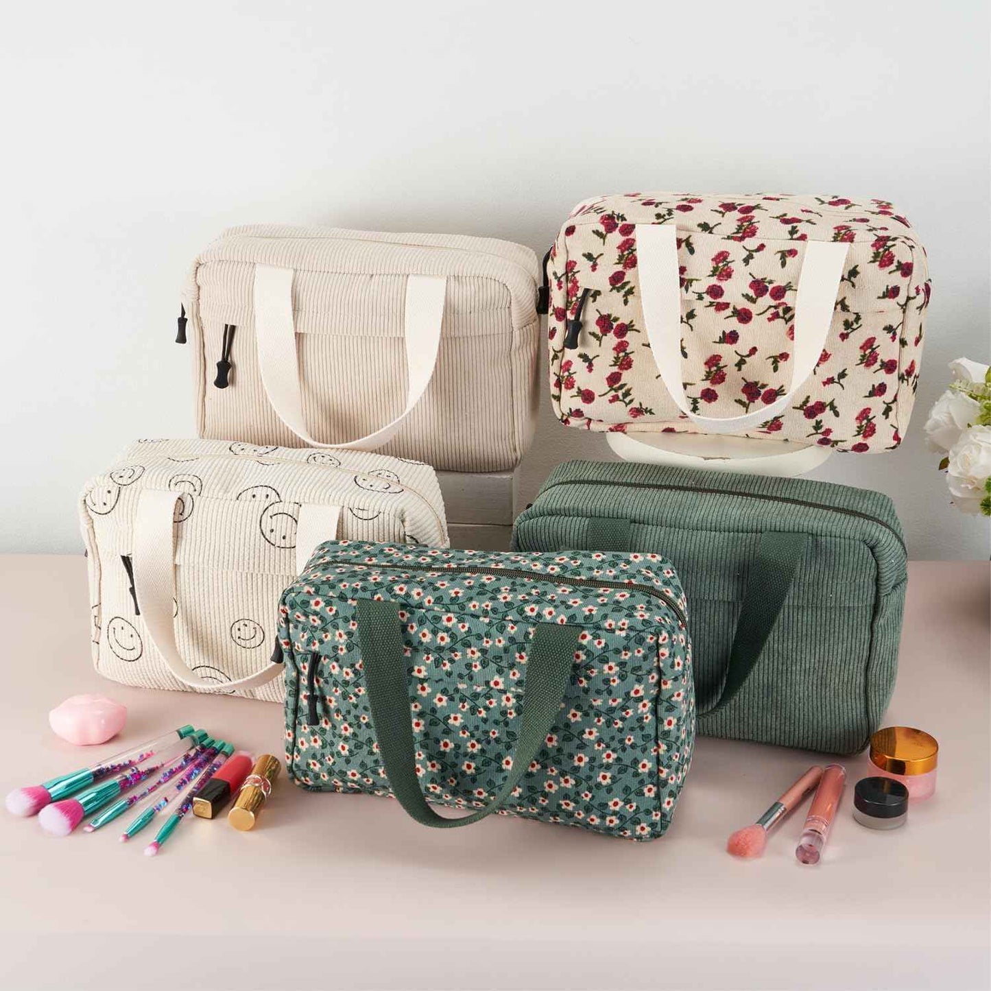 ZOEMTIU Large Makeup Bag for Women Corduroy Cosmetic bag Make up Bags Zipper Pouch with handle Cosmetic Organizer Toiletry Bag for Travel Storage (Checkered Darkbrown)