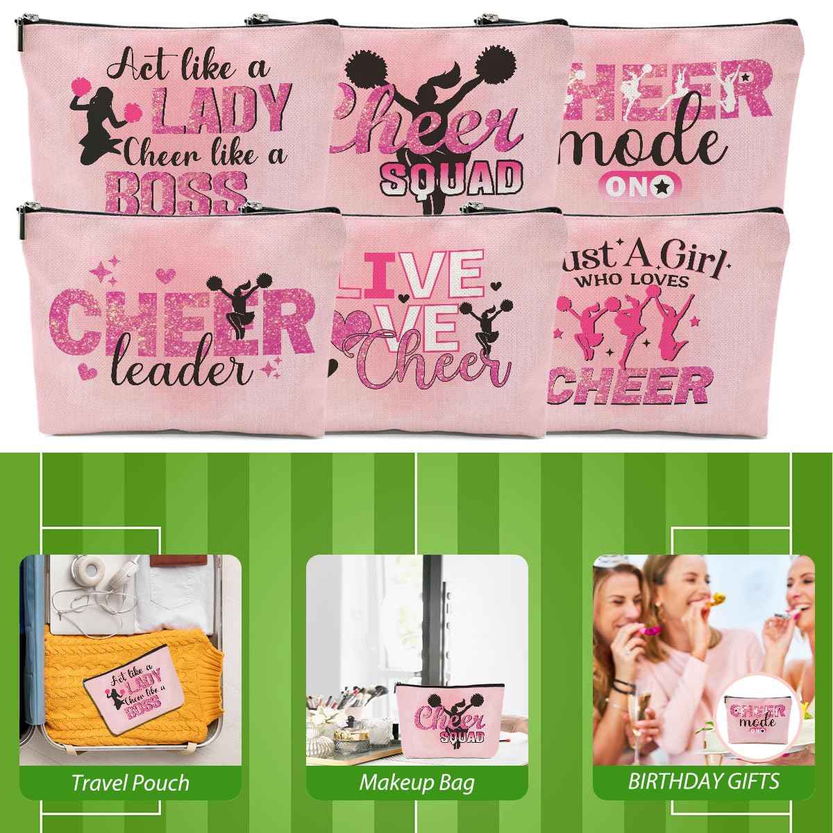Cheerleader Gifts, 6 Pcs Cheer Makeup Bag Cheer Gifts Cheer Stuff Cosmetic Bag Cheerleading Gifts for Women Girls Sisters Teammates Travel Toiletry Bag, Graduation Birthday Gifts Cheer Team Gifts