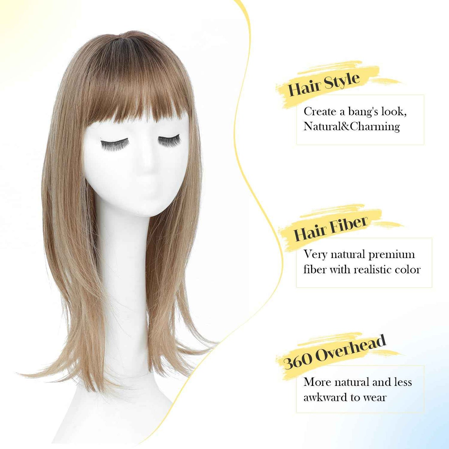 PANEWAY Hair Topper With Bangs Straight 18inch Toppers 6.5“ ×6.5” Base Premium Synthetic Hair Pieces For Women-Light Brown with Dark Root