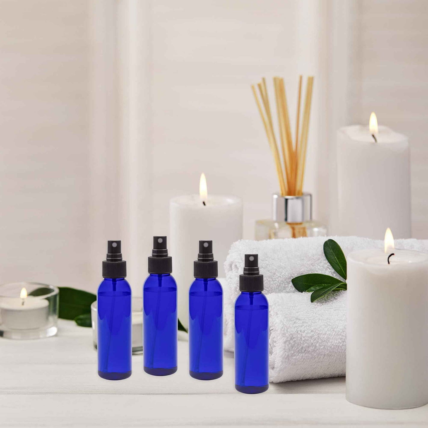 Cornucopia Brands Empty Plastic Refillable PET Spray Bottles w/Fine Mist Atomizer Caps (Pack of 6) Sprayers for DIY Home Cleaning, Aromatherapy, Travel, & Beauty Care (4 Ounce, Cobalt Blue, 6)