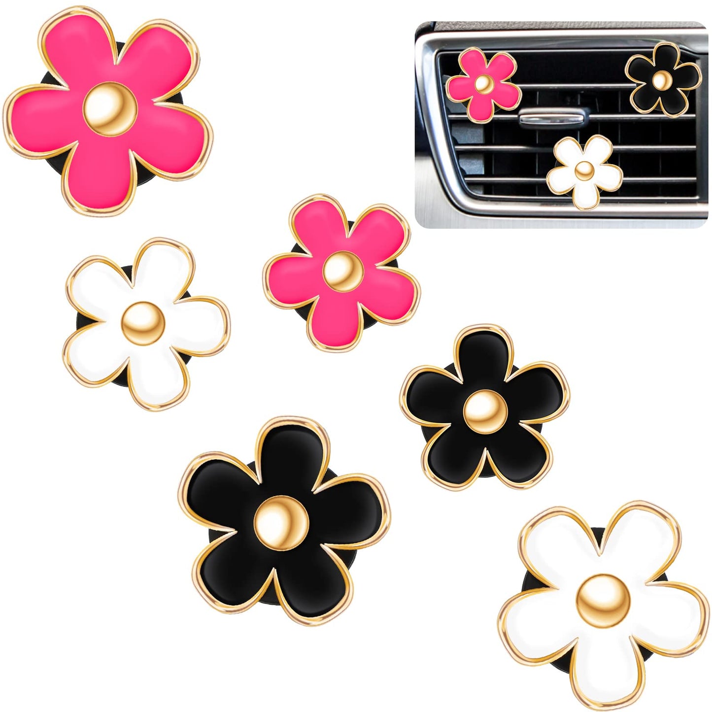 6 Pcs Daisy Flower Air Vent Clip Air Freshener Outlet Clip Car Air Conditioning Clip Charm Car Inter Decor(Red, White, Black, 3 cm, 3.3 cm)