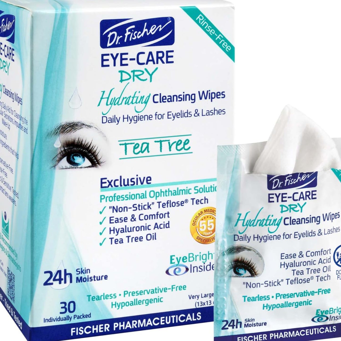 Dr. Fischer Tea Tree Eyelid Wipes for Dry Eyes - Gentle Eye Wipes for Everyday Eye Conditions and Hypoallergenic Makeup Remover (60 Wipes)