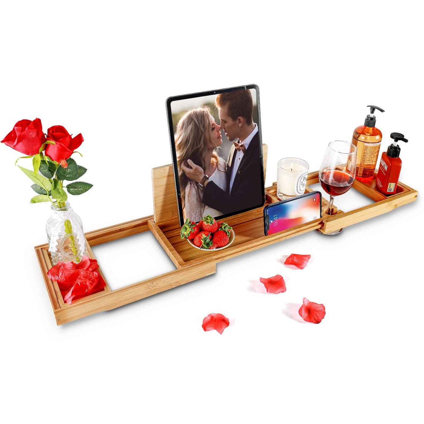 Premium Bamboo Bathtub Caddy Tray with Extending Sides, Adjustable Wood Bath Tray for Luxury Bath, Fits Most Tubs, Accessories Gift Idea