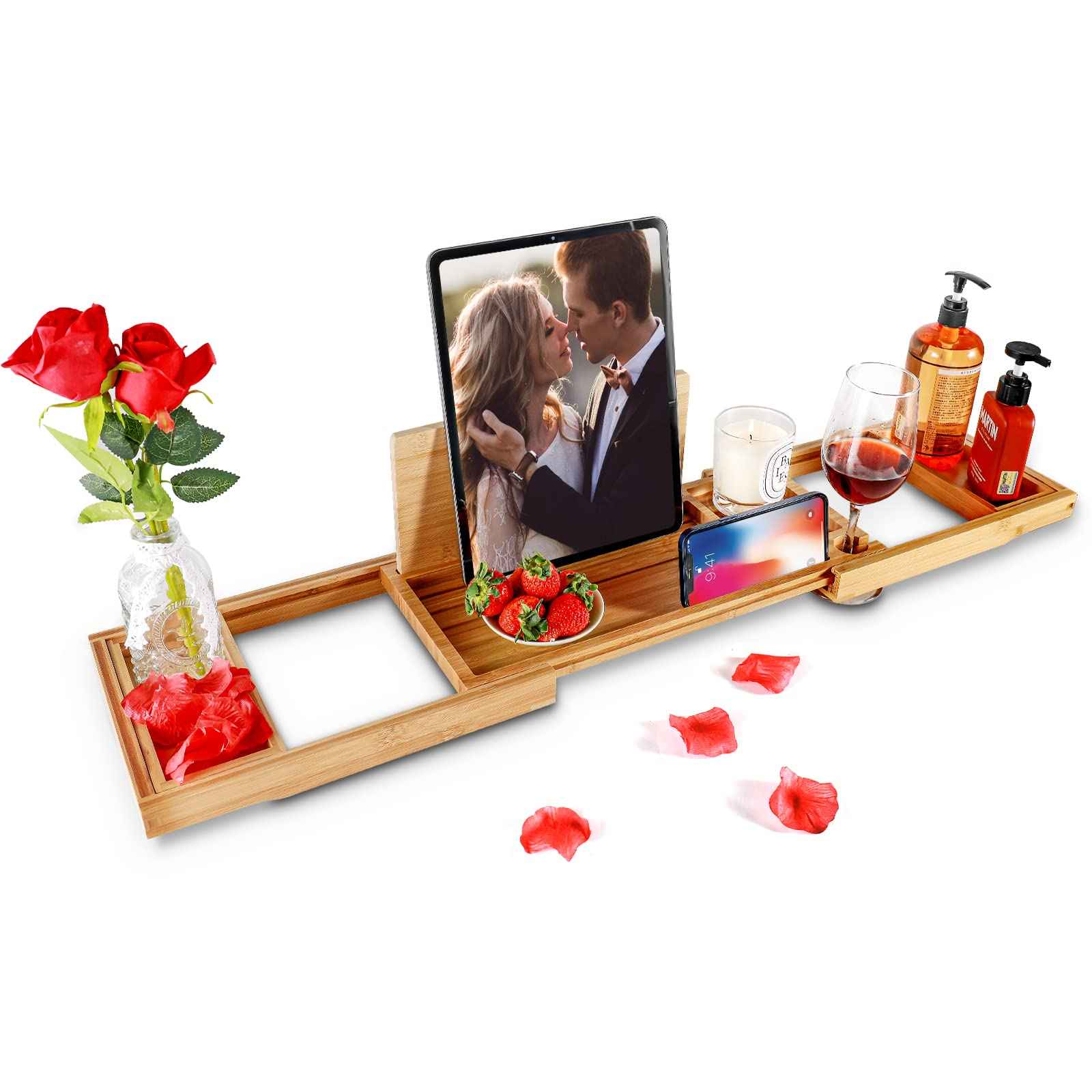 Premium Bamboo Bathtub Caddy Tray with Extending Sides, Adjustable Wood Bath Tray for Luxury Bath, Fits Most Tubs, Accessories Gift Idea