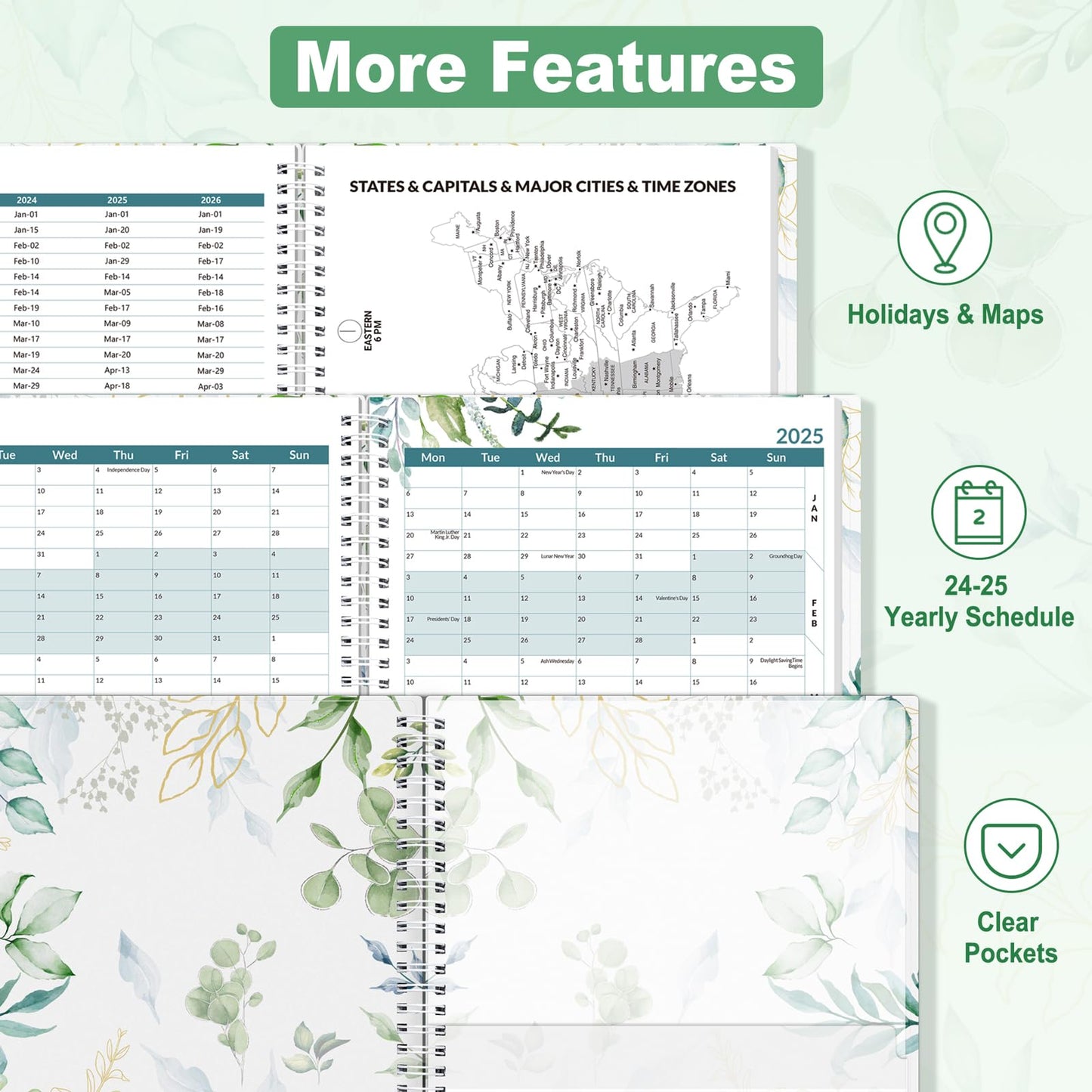 SUNEE Academic Planner 2024-2025 Weekly and Monthly - from August 2024 - December 2025, 8.5"x11" School Year Daily Calendar with Monthly Tab, Flexible Cover, Note Page, Pocket, Bookmark, Greenery