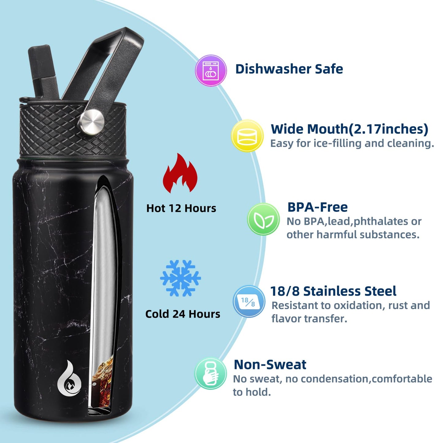 BJPKPK Insulated Water Bottles with Straw Lid, 18oz Stainless Steel Metal Water Bottle, Cold & Hot Water Bottle with 3 Lids, Leak Proof BPA Free Travel Cup, Wide Mouth Flasks, Thermos -Midnight