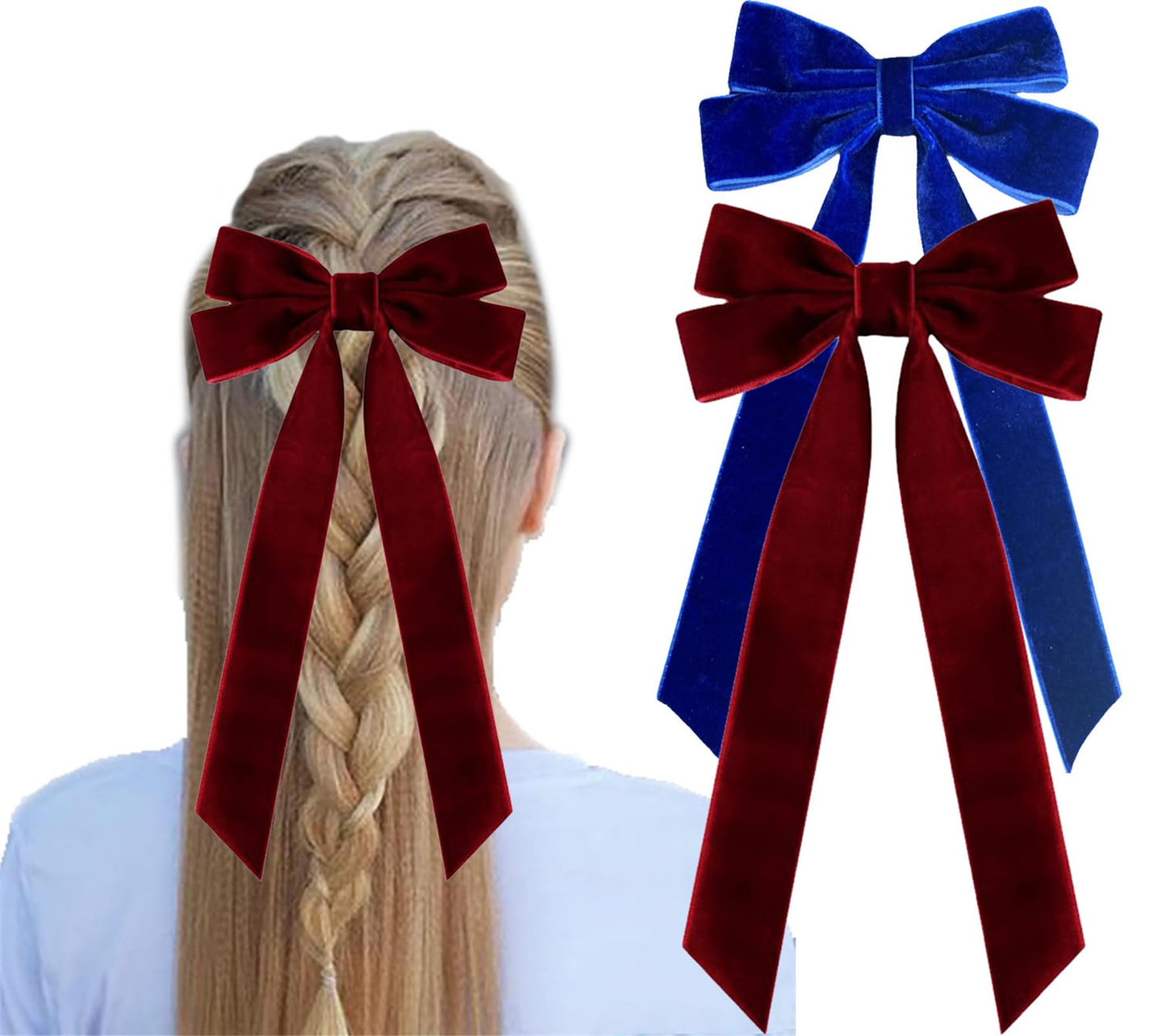 2Pcs Velvet Hair Bows Ribbon for Women Big Fall Alligator Clips Bowknot Hair Ponytail Holder Accessories for Women Girls Toddlers Teens Kids (Dark blue+Wine Red)