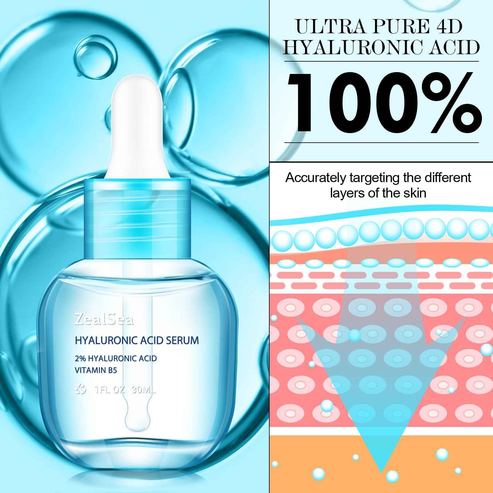 ZealSea Hyaluronic Acid Serum for Face, Hydrating Microneedling Serum, EWG Certified for Sensitive Skin, Vegan Fragrance Free Non-Comedogenic Absorb Quickly, Pure Hyaluronic Acid Anti-Aging 1 Oz*2