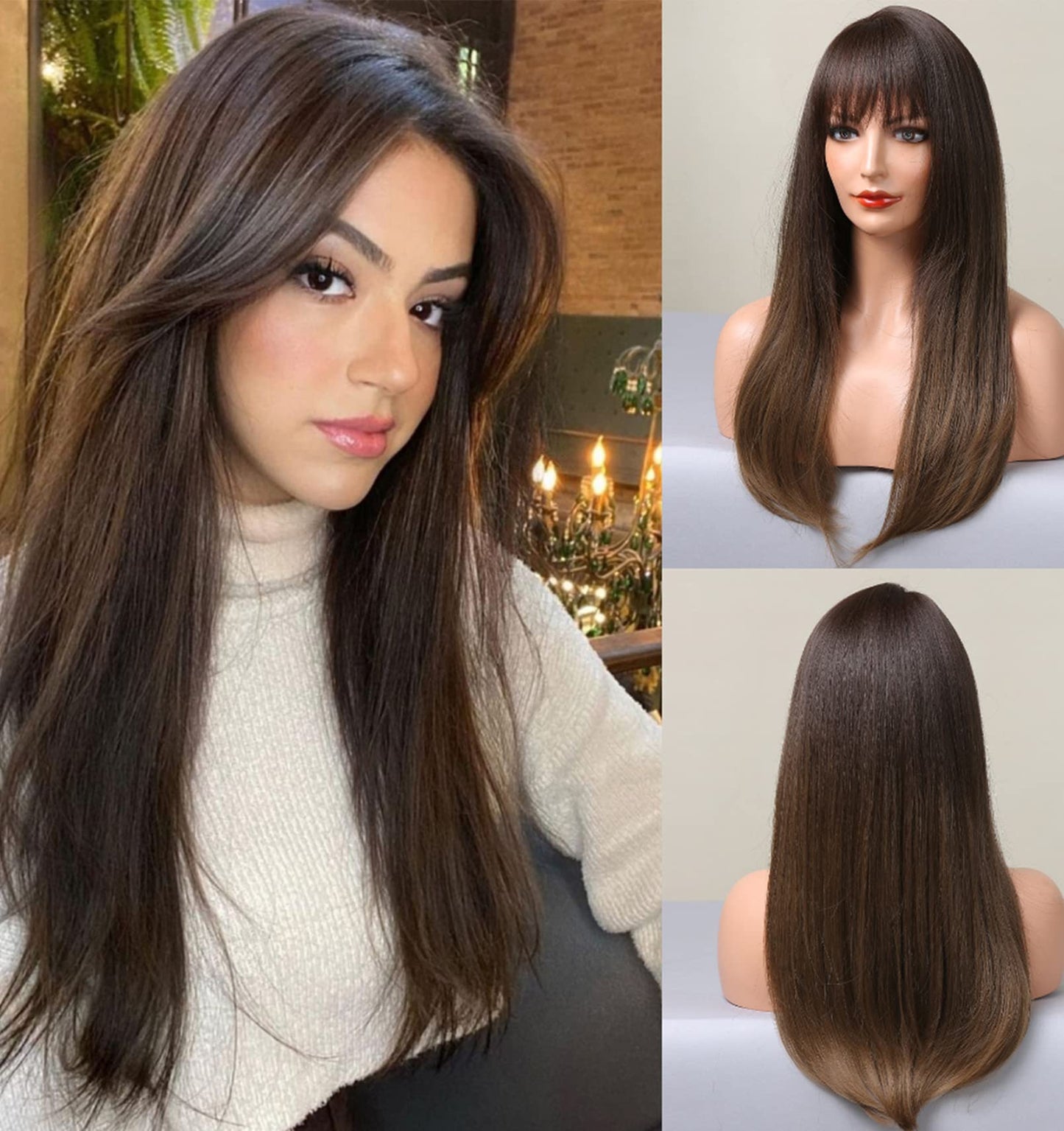 LANOVA Dark to Brown Wigs with Bangs,Ombre Brown Straight Wig for Woman Natural Looking Glueless Synthetic Cosplay Wig 20 inch LANOVA-237