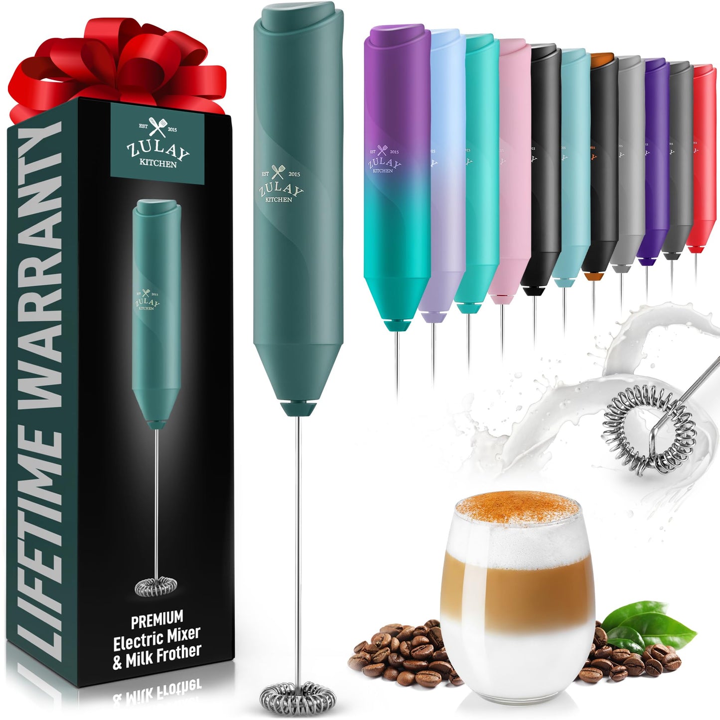 Zulay Kitchen Powerful Milk Frother Wand - Mini Milk Frother Handheld Stainless Steel - Battery Operated Drink Mixer for Coffee, Lattes, Cappuccino, Matcha - Froth Mate Milk Frother Gift - Dark Green