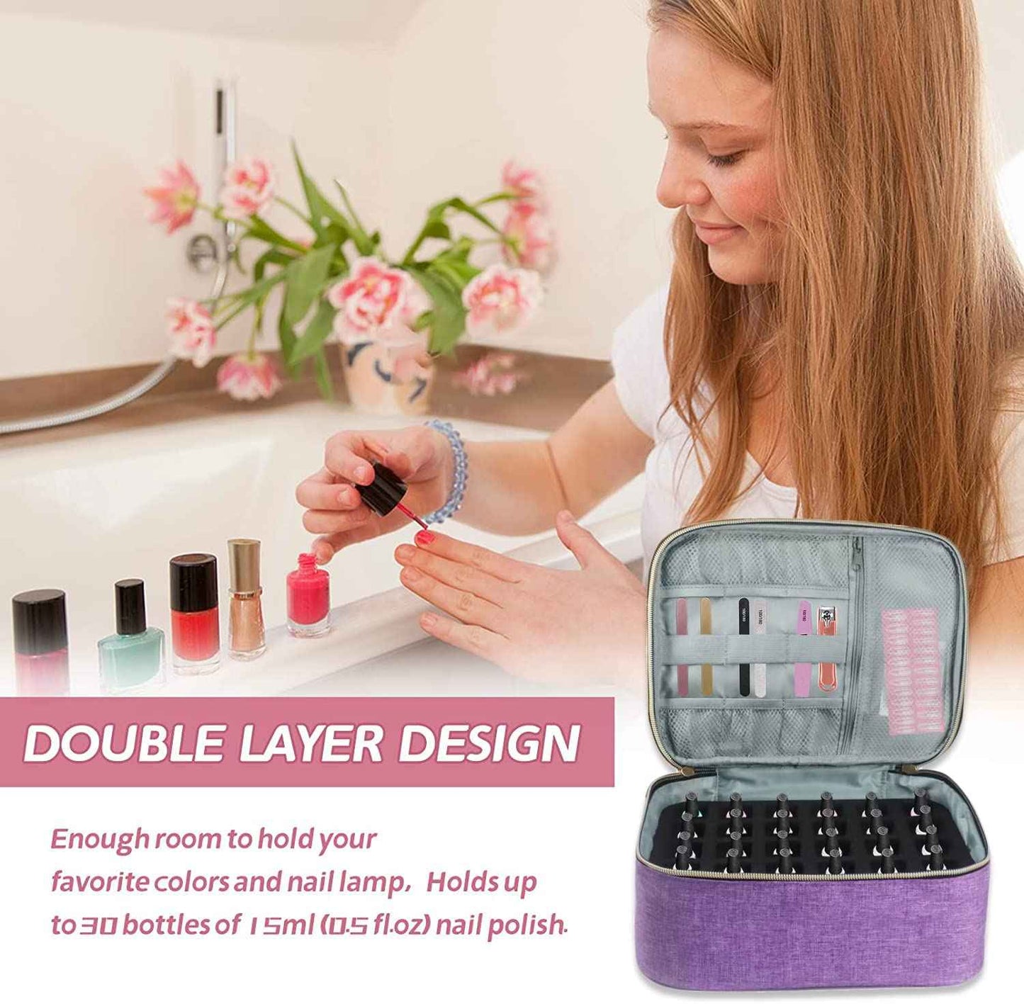 SCNWQ Nail Polish organizer Case Double Layer Nail Polish Tool Storage Bag Fits Nail Lamp Dryer and 30PCS Nail Polish Bottles Travel Carrying Case for Nail Polish Drill Manicure set