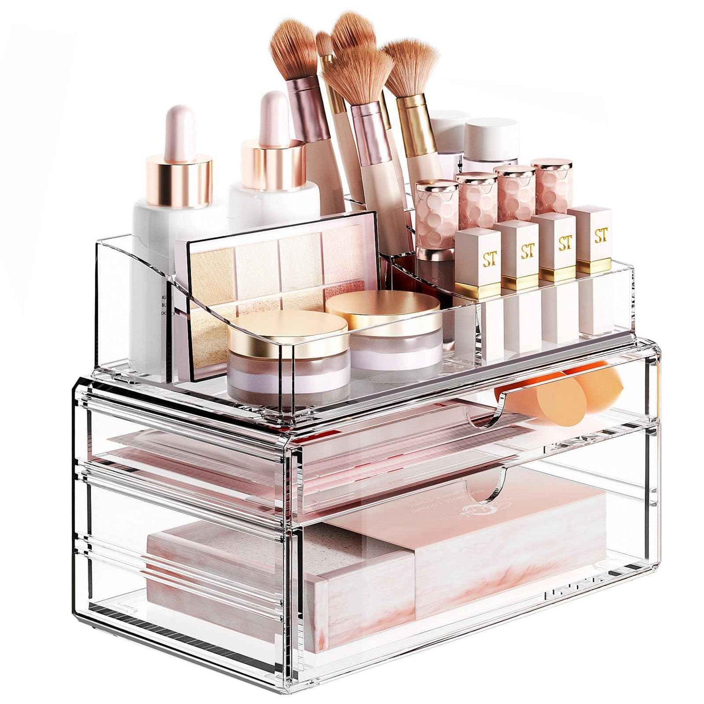 Delamu 3-Tier Clear Makeup Organizer with Drawer, Acrylic Cosmetic Display Case for Makeup Vanity Bathroom Counter Organizers and Storage, Stackable Vanity Organizer for Brushes Lipsticks Skincare