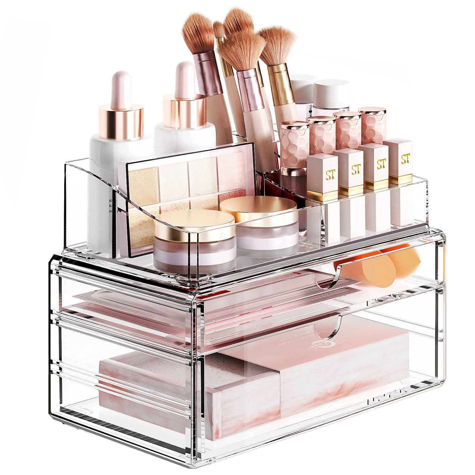 Delamu 3-Tier Clear Makeup Organizer with Drawer, Acrylic Cosmetic Display Case for Makeup Vanity Bathroom Counter Organizers and Storage, Stackable Vanity Organizer for Brushes Lipsticks Skincare