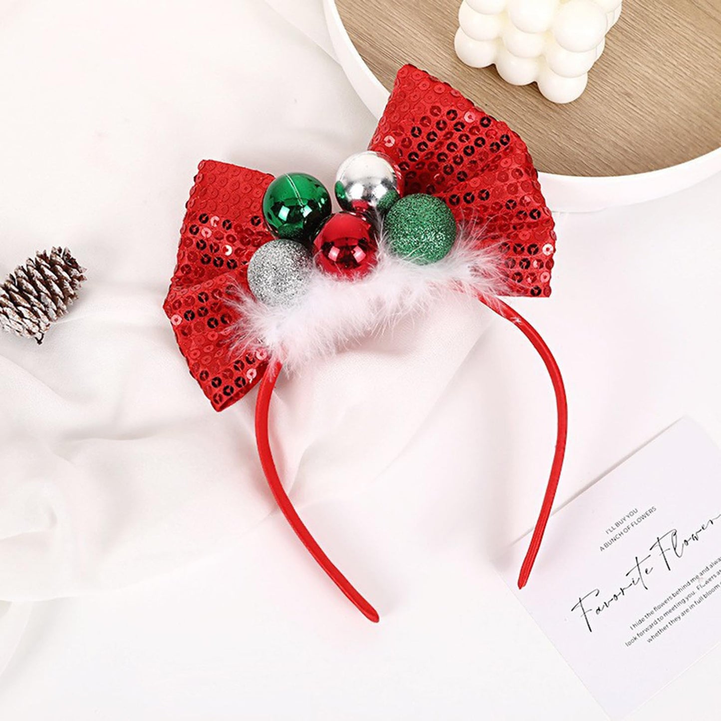 Christmas Headbands 1Pcs Christmas Red Sequin Bow Hair Hoop Holiday Headbands Cute Big Bows Hair Band with Christmas Balls Designs Christmas Hair Accessories for Women Girls Xmas Holiday Decoration