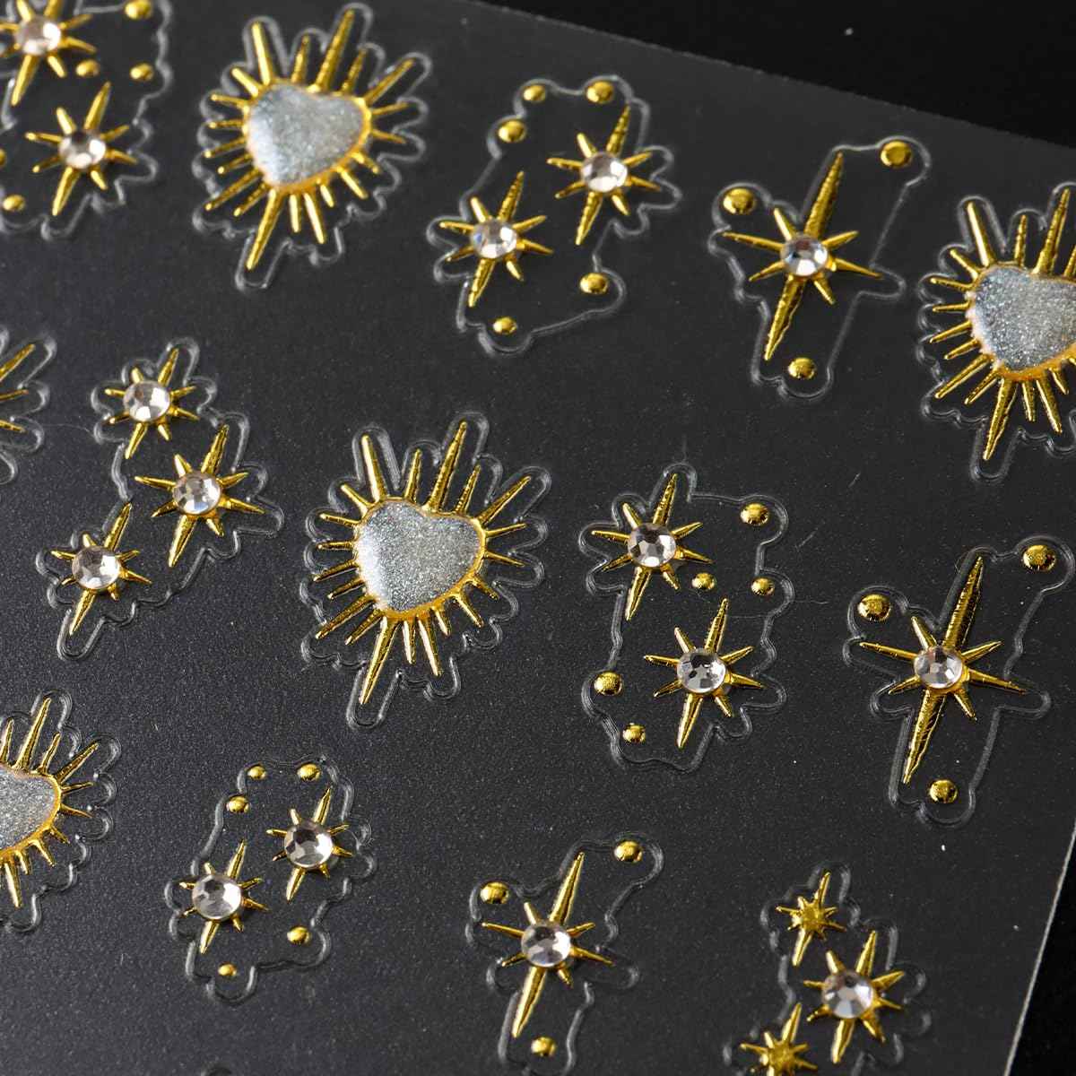 3 Sheets Star Nail Stickers for Nail Art 5D Embossed Gold Nail Decals with Heart Rhinestones Star Design Manicure Supplies Aurora Heart Metallic Star Nail Art Stickers for Women DIY Decor Accessories