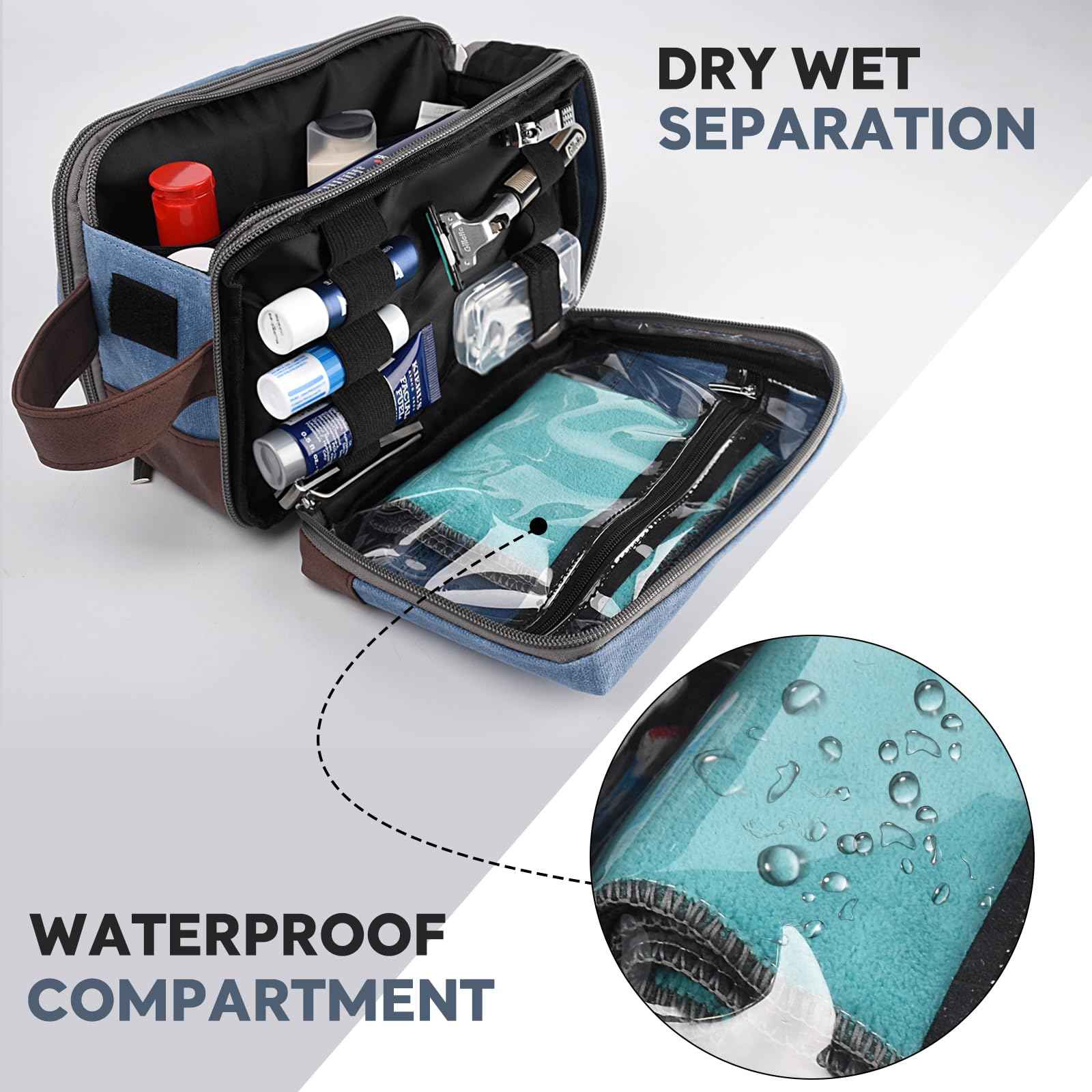 CaCTOUR Toiletry Bag for Men,Large Toiletry Travel Bag,Leather and Canvas Toiletries Bag Dopp Kit Men,Water-resistant Hygiene Bag Shaving Bag for Travel Toiletries Accessories (Blue)