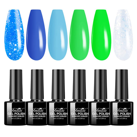 Imtiti Glitter gel nail polish set, 6 Colors Blue Green Gel Nail Polish Kit, Fashionable Baby Blue glitter Blue Ocean Sandbeach Colors Fall Winter Gel Nail Art Gift for Girls Women DIY Manicure