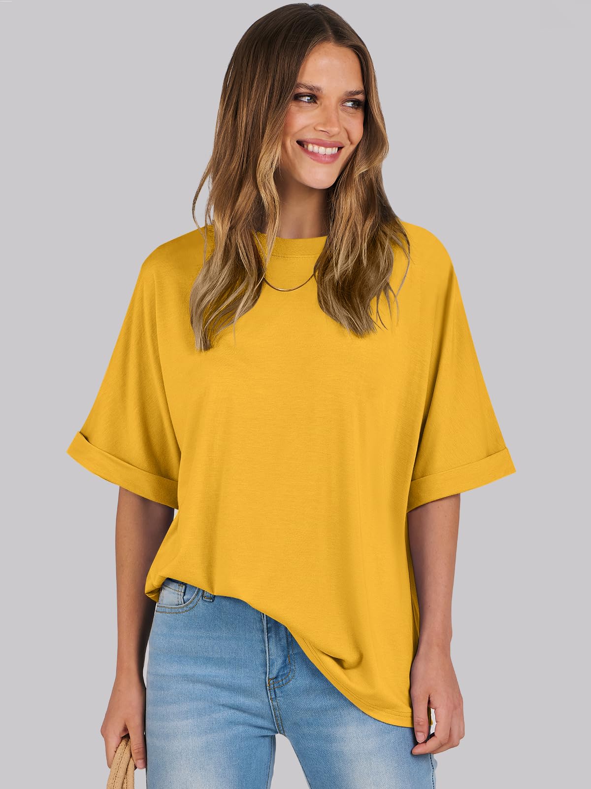 ANRABESS Women's Oversized T Shirts Short Sleeve Crewneck Summer Tops Casual Loose Basic Tee Shirts 2024 Trendy Clothes Yellow Medium