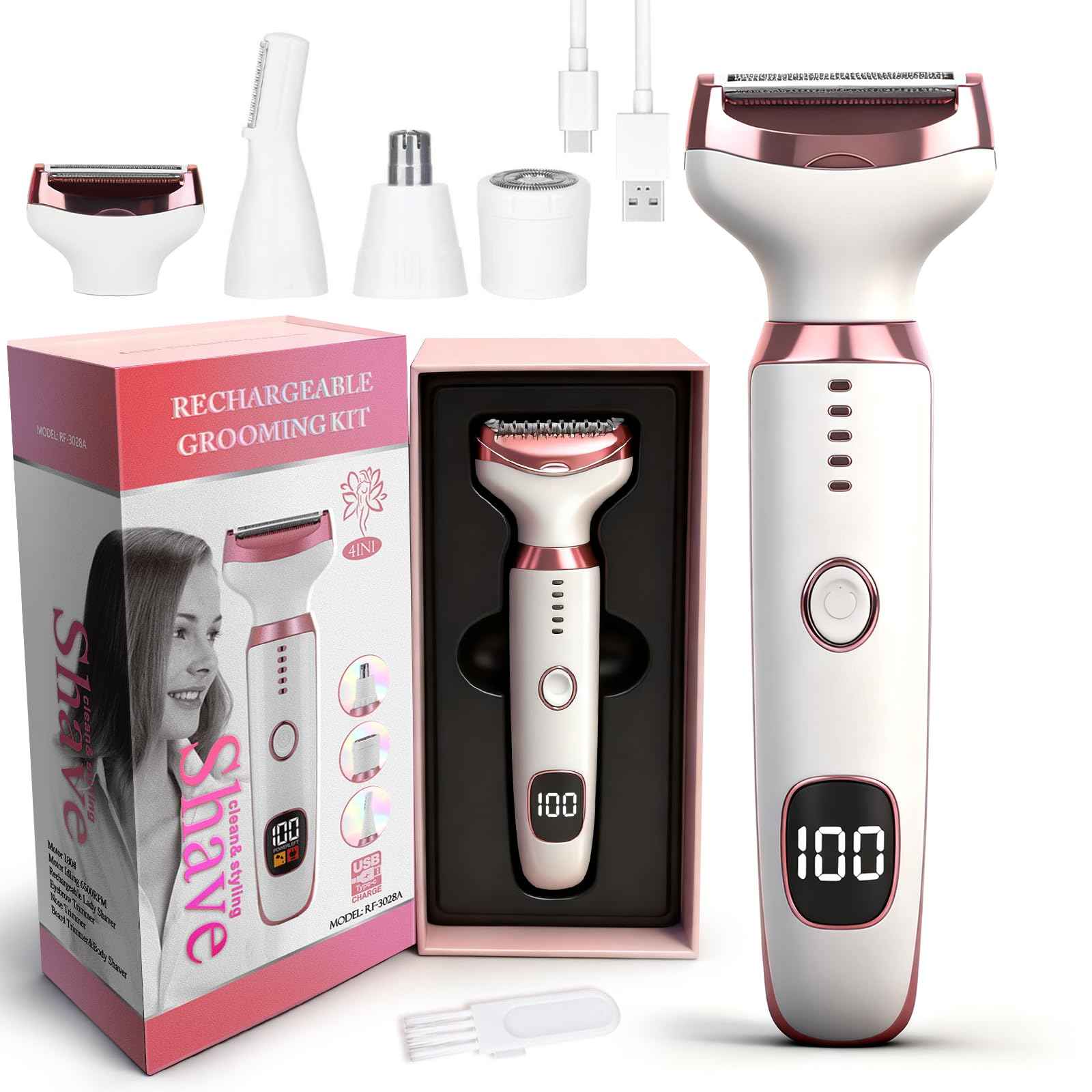 Beanify Wet & Dry Electric Razorfor Women Men,4 in 1 Rechargeable Led Display Electric Shaver and Facial Hair Remover,Painless Ladies Body Razors for Nose Face Body Leg Bikini Arm Hair