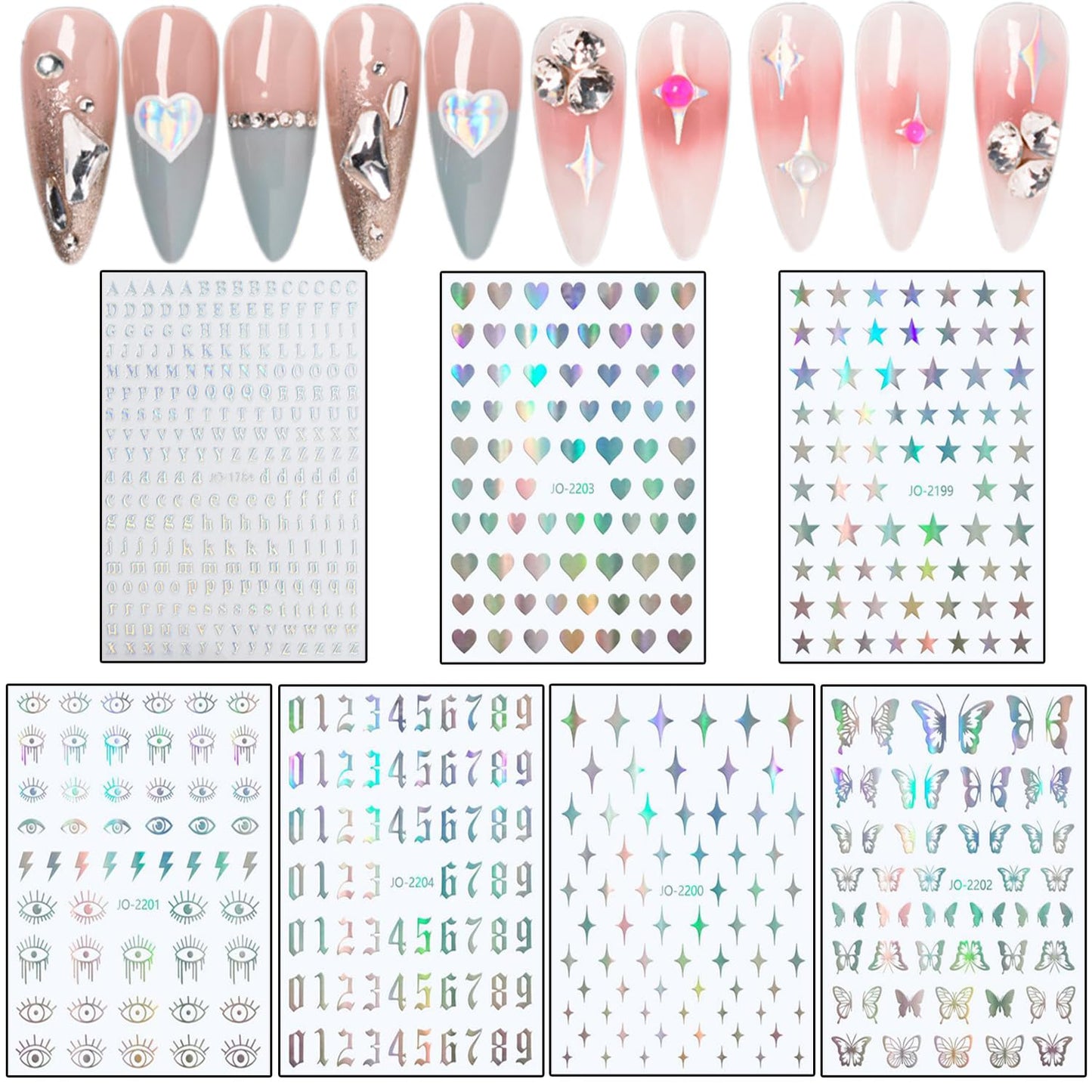 7 Sheets Silver Nail Art Stickers, Butterfly Heart Letters Numbers Stars Eyes Nail Self-Adhesive Sticker Design, 3D Geometry Nail Transfer Decals for Women Girls Manicure Charms Decorations