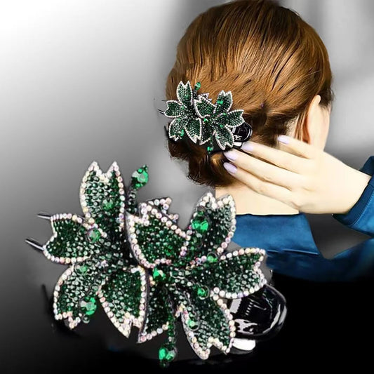 Emerald Green Double Flower Hair Clip,Shiny Rhinestones Duckbill Hair Clip,Crystal Hair Clip for Thick Hair,Fancy Hair Accessories,Cute Flower Hair Clips,Decorative Hair Clips for Women