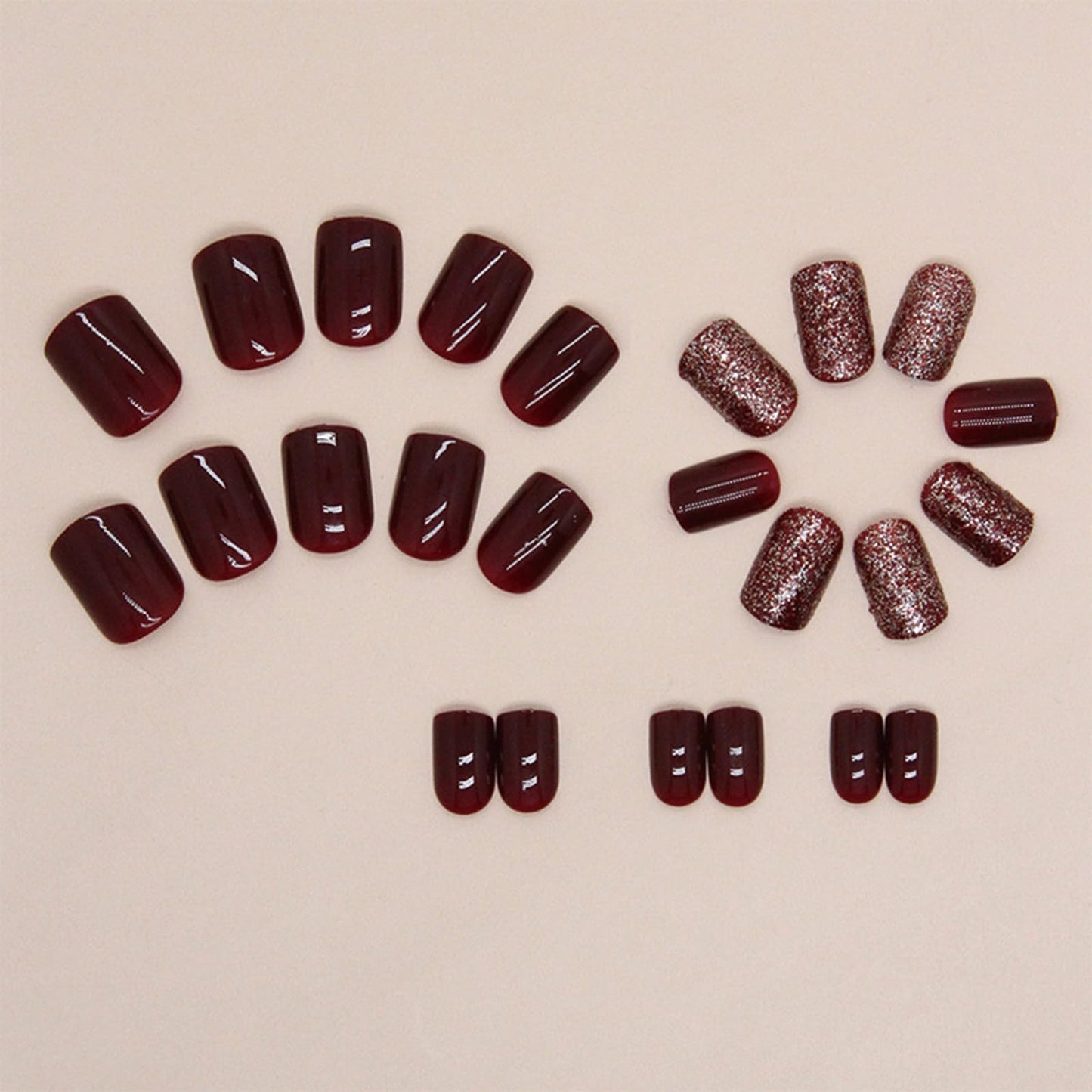 SINHOT Short Square Press on Nails Wine Red Fake Nails Glossy Glue on Nails Fall Pure Color Glitter Acrylic Nails Squoval Artificial Nails Winter Solid Color Stick on False Nails with Design 24 pcs