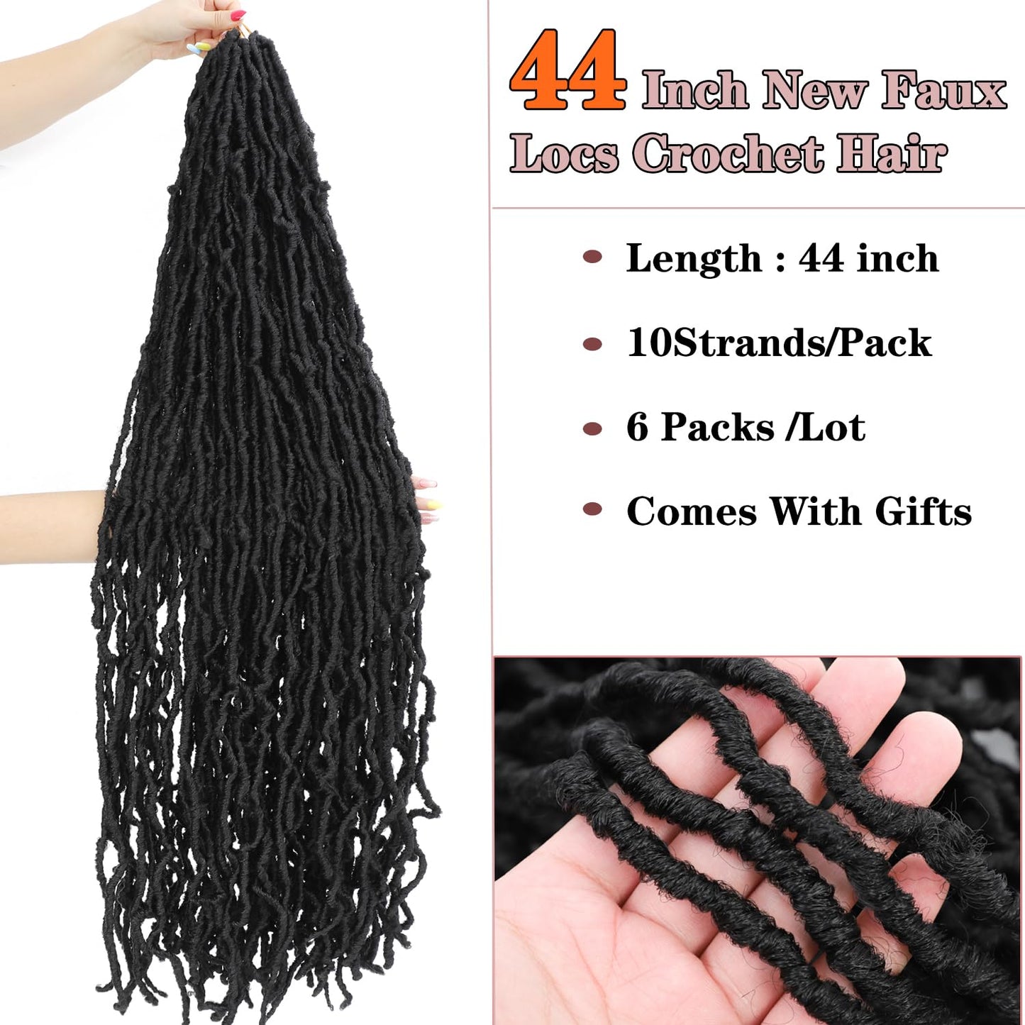 6 Packs New Soft Locs Crochet Hair 44 Inch Natural Color Faux Locs Crochet Braids Hair Pre Looped Synthetic Super Long Pre Extended Crochet Locs Braiding Hair (44 Inch (Pack of 6), Natural Color #1B)