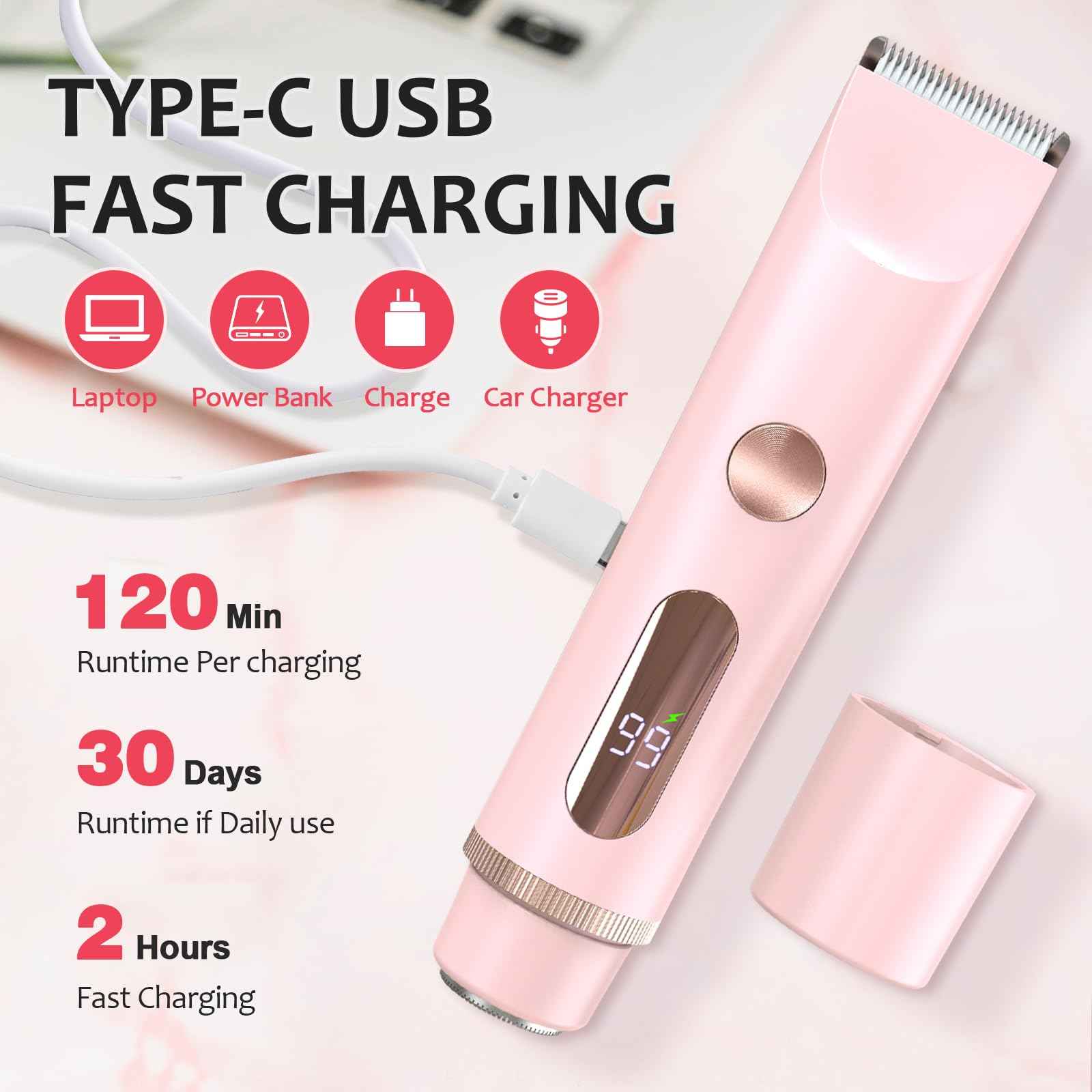 Bikini Trimmer for Women, 2 in 1 Dermave Bikini Shaver with LED Display, Electric Razors for Women, IPX7 Waterproof Wet Dry Use Body Hair Trimmer for Ladies Pubic, Legs, Face, Underarms (Pink)