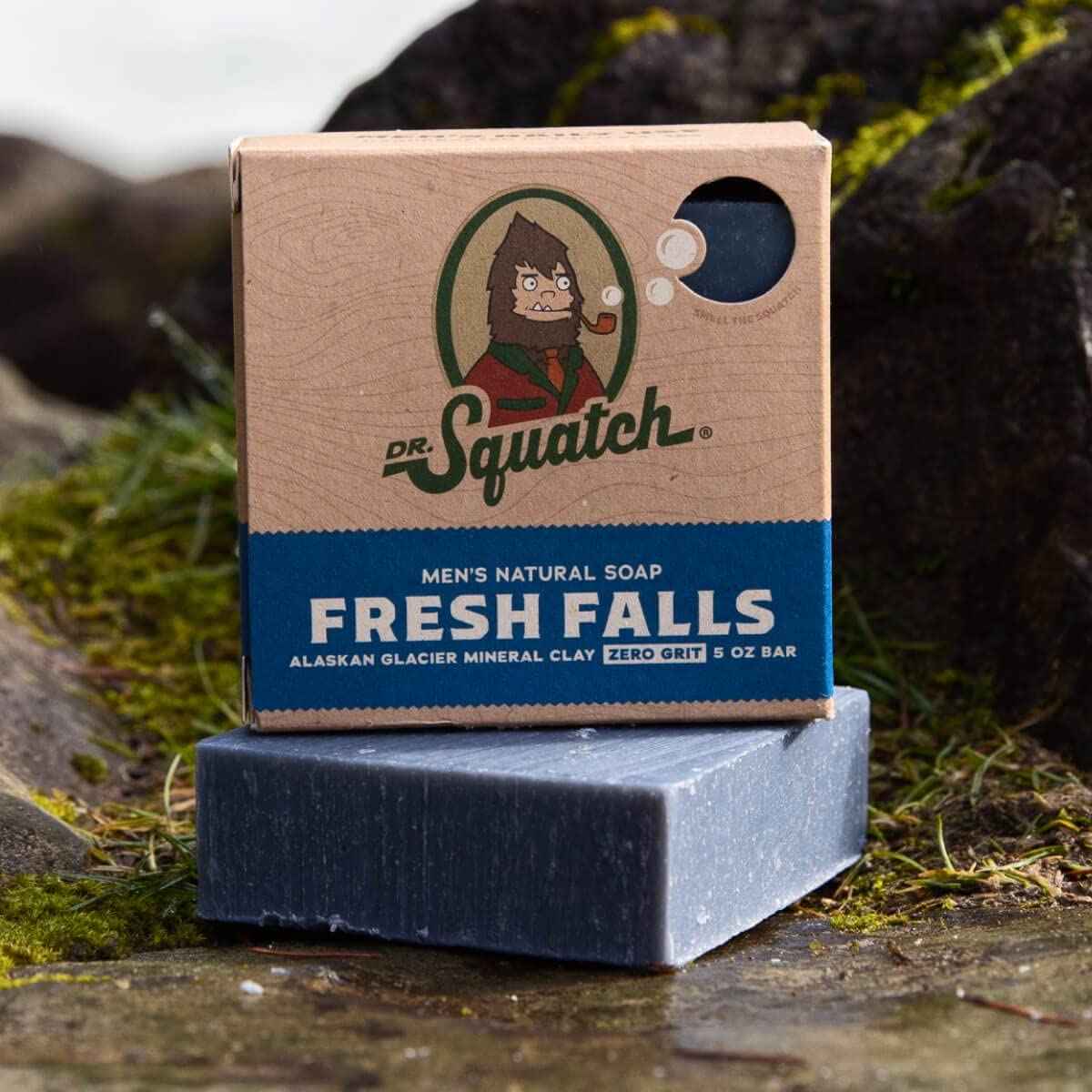 Dr. Squatch Men's Soap 5 Oz Wood Barrel Bourbon Medium Grit Bar & Fresh Falls Zero Grit Bar 2-Pack