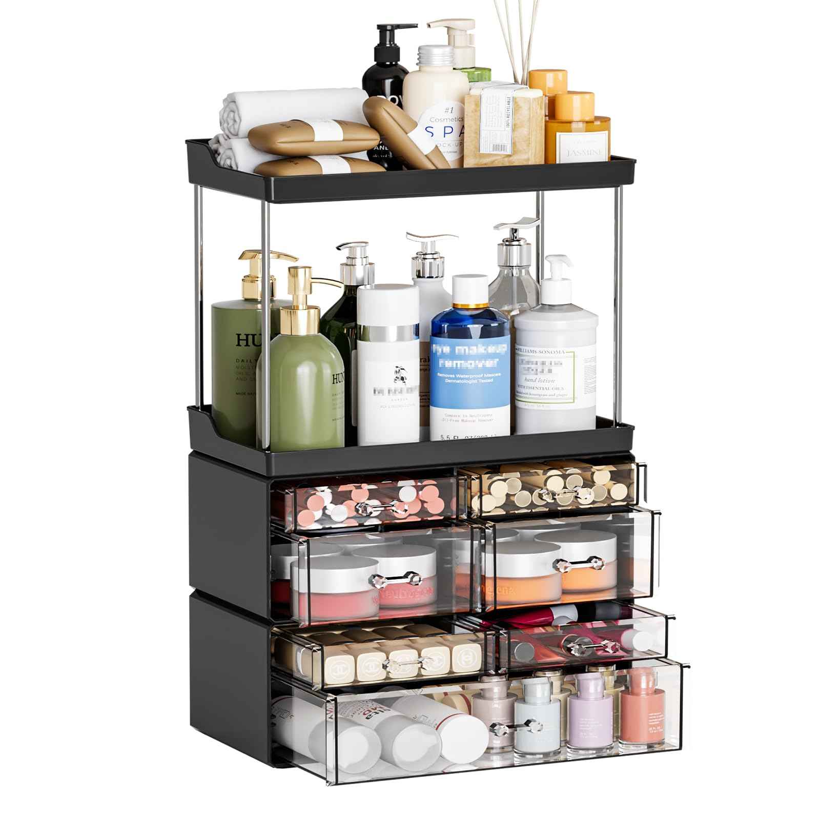 3 Pack Bathroom Organizers and Storage Countertop With 7 Drawers,Stackable Vanity Drawer Organizer for Makeup,18.9" Tall Large Capacity Skincare Organizer and Exquisite Makeup Organizer,Black