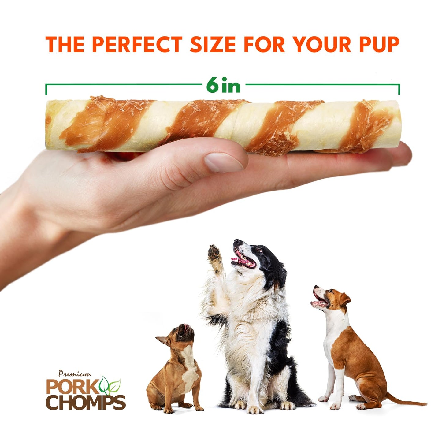 Pork Chomps Baked Pork Skin Dog Chews, 6-inch Twists, Real Chicken Wrap, 4 Count