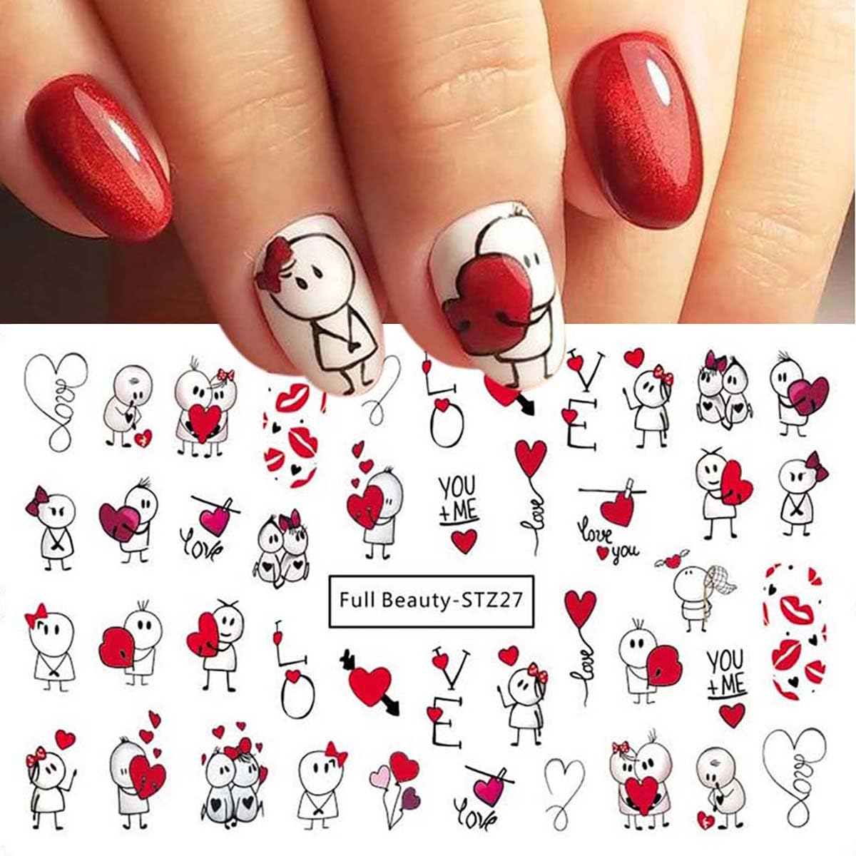 Valentine's Day Nail Stickers DIY Water Transfer Nail Stickers Heart Love Cute Bear Sexy Lips Love Letter Nail Art Design Supplies False Nail for Women Girls Decoration 12 Sheets