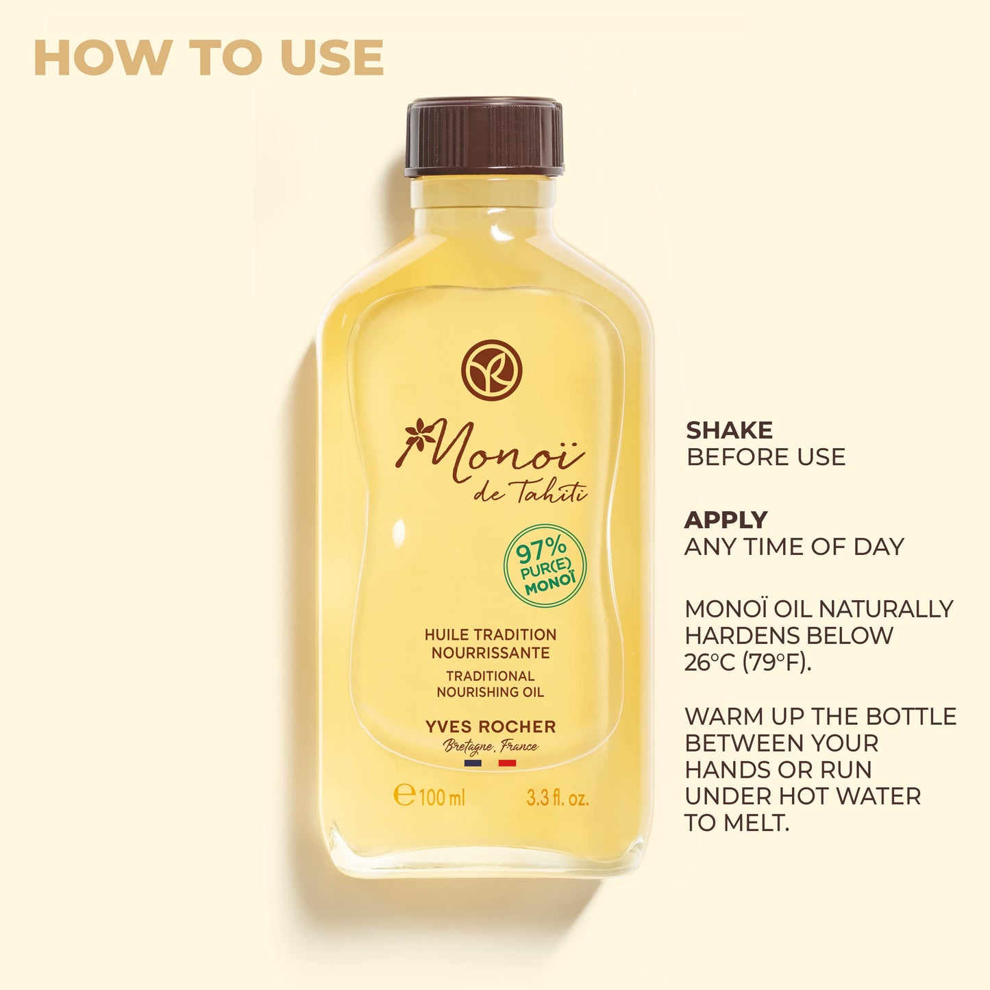 Yves Rocher Monoï de Tahiti Traditional Nourishing Oil for Body and Hair – 3.4 Oz – 1 Ct