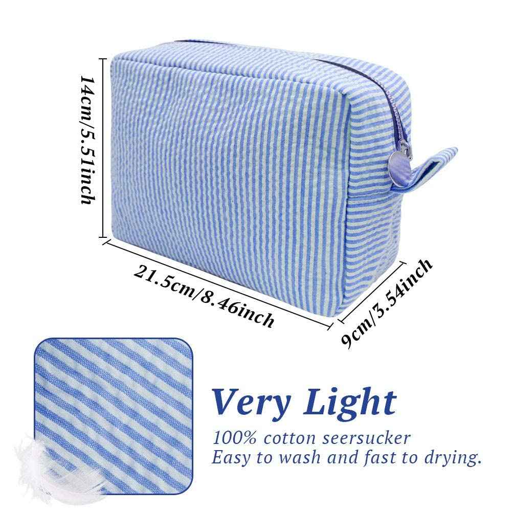 Seersucker Cosmetic Bag, Large Makeup Pouch Travel Toiletry Case with Zipper Closure Seersucker Cosmetic Organizer for Women Girls, Baby Diaper Bag Organizer
